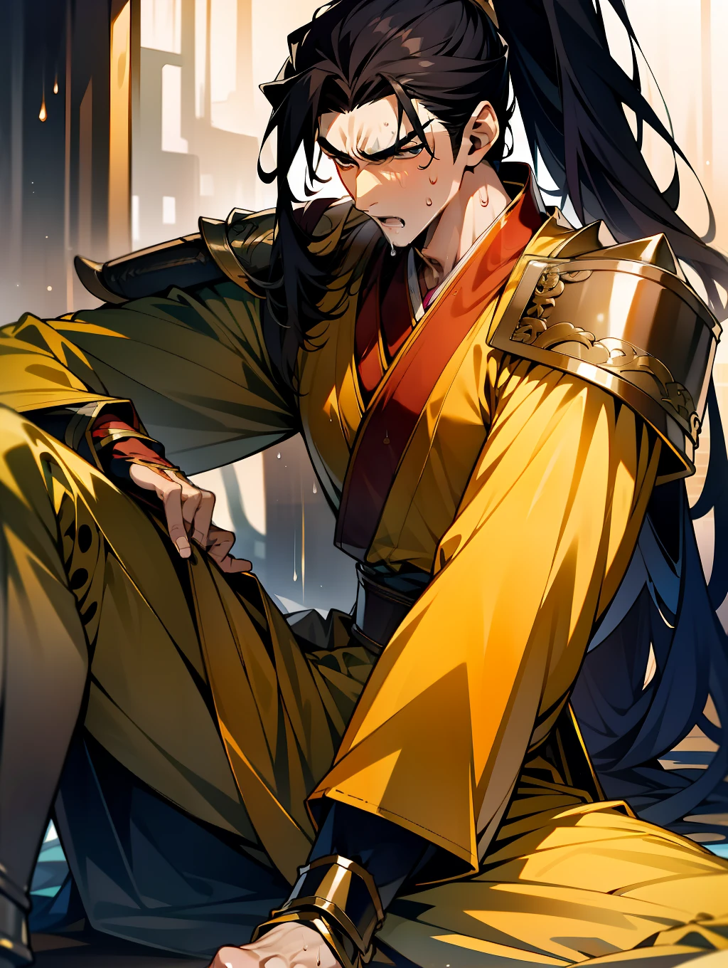 1 male, sweating, open mouth, drooling, wet, wet, sweaty pectorals, sweaty abs, sweaty crotch, golden costume Hanfu, dragon robe, handsome face, evil, highest picture quality, dark skin, high ponytail long hair, detail Hanfu, wearing arm guards, armor, leg guards (leg armor), leggings, ancient boots (ancient Chinese military boots), appearance looks like a general, squat, forked legs squat, half squat, holding a sword, crotch sweating, crotch shape, crotch sweating, long legs, leg contour, thigh close-up, calf close-up, Perfect legs