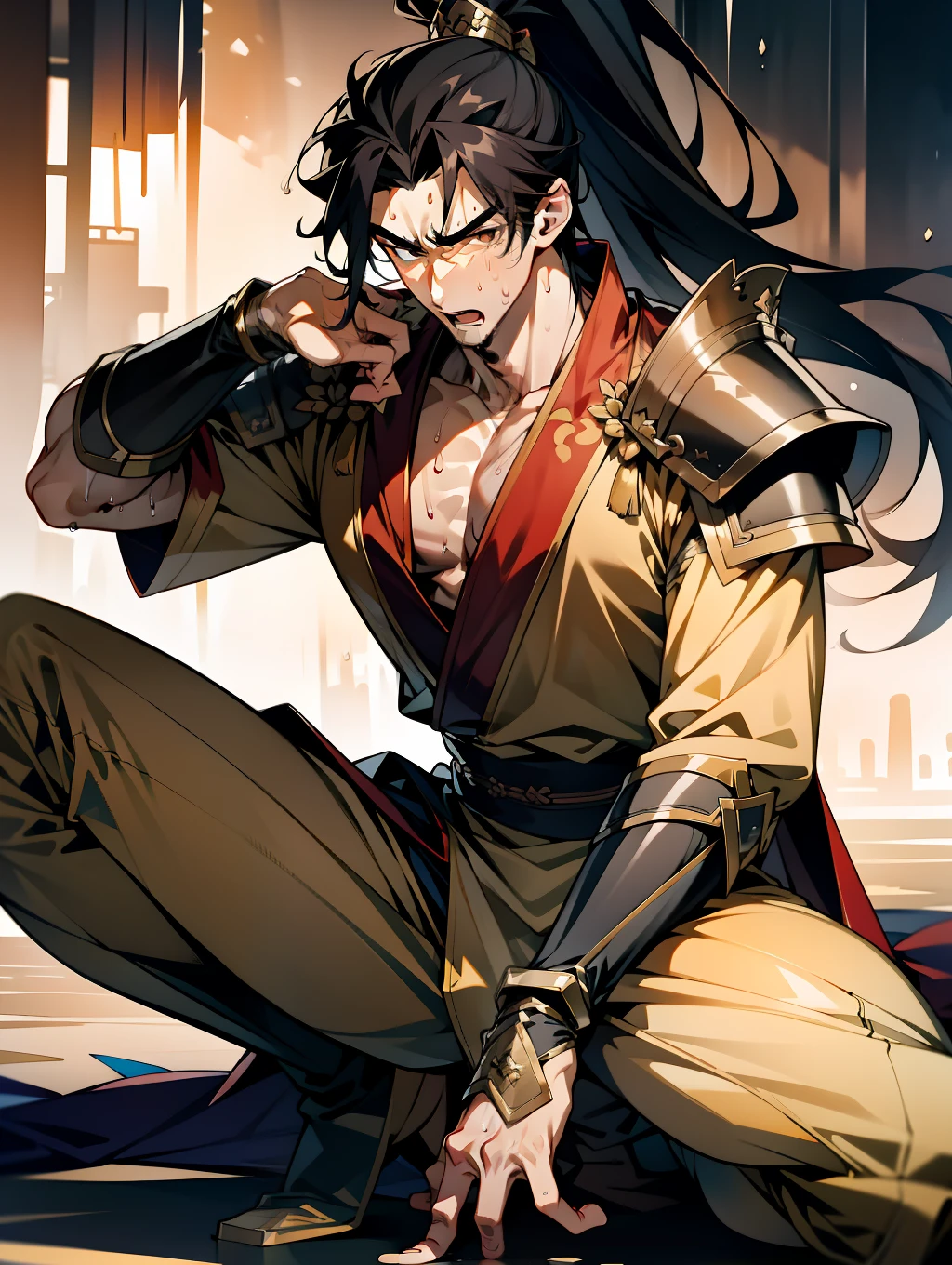 1 male, sweating, open mouth, drooling, wet, wet, sweaty pectorals, sweaty abs, sweaty crotch, golden costume Hanfu, dragon robe, handsome face, evil, highest picture quality, dark skin, high ponytail long hair, detail Hanfu, wearing arm guards, armor, leg guards (leg armor), leggings, ancient boots (ancient Chinese military boots), appearance looks like a general, squat, forked legs squat, half squat, holding a sword, crotch sweating, crotch shape, crotch sweating, long legs, leg contour, thigh close-up, calf close-up, Perfect legs