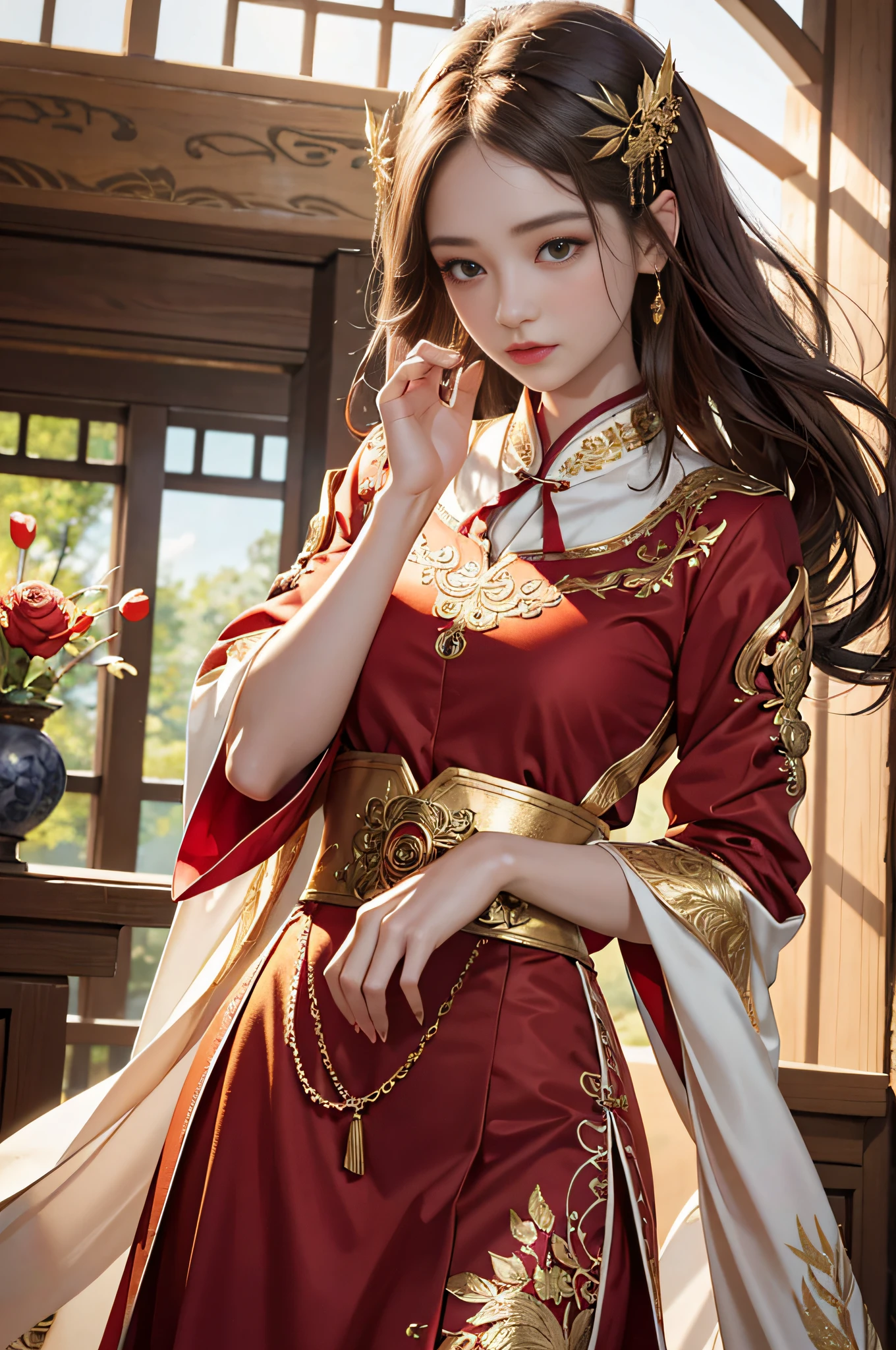 best quality, masterpiece, highres, (exquisite body:1.5),gorgeous face,(milky skin:1.3),intricate details,high resolution,wallpaper,
1girl, solo, dress, hair ornament, (((gold and red dress))), flowers, long hair, brown hair, closed mouth, jewelry, long sleeves, hand up, wide sleeves, big eyes,floating hair, chinese clothes, hanfu, embroidery, long skirt, natural pose, falling petals, indoor,fanning, lantern,
16K,HDR,highres,depth field,(film grain:1.1),boken,golden hour,(lens flare),vignette,rainbowing,(color grading:1.5)