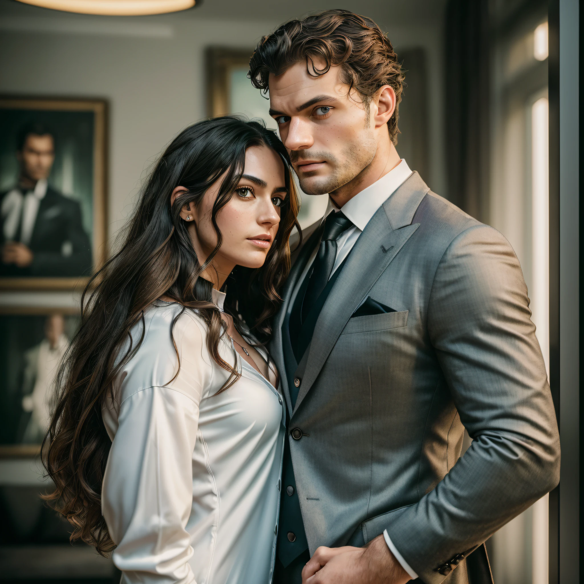 I want a photorealistic of a couple looking at each other to the point of kissing each other, the man is a woman. the white man long green eyes, strong arms, A full-body, photorealistic portrait of a Henry Cavill Wearing black dress pants, ((messy long hair, flirtatious, provocative, white shirt,))(Wearing Dark Beard) movie scene, (Impeccable), tanned and curly body, Serious and elegant man, Actor Jamie Dornan, with thick male eyebrows, secret agent 007 man style,  (with mysterious and serious face,) short dark hair, elegant and elegant, body fit and strong fit in the suit, image of a room of an elegant house, with photo frame in the background, Man similar to actor Jamie Dornan, ( high quality and realistic image), ((Best Quality, 8k, Masterpiece). looking at the viewer, realistic photo, RAW photo,  TanvirTamim, high quality, highres, sharp focus, extremely detailed, cinematic lighting, 8k uhd, -imagine- with the manos in the pocket, looking sideways, profile photo.  and the woman full-face portrait photo of a 30-year-old European girl, RAW, beautiful woman, half-open strawberry lips, dimples, wistful look, (extra long wavy brown hair), ((detailed face)), ((detailed facial features)), (finely detailed skin), scolded brunette skin, (deep neckline detailed high-tech cyberpunk dress), cyberpunk megacity environment, (cold colors),  damp, damp, reflections, (masterpiece) (perfect aspect ratio)(realistic photo)(best quality) (detailed) shot on a Canon EOS R5, 50mm lens, F/2.8, HDR, (8k) (wallpaper) (cinematic lighting) (dramatic lighting) (sharp focus) (intricate),RAW photo, gigachad photo, posing for camera, 8k uhd, dslr, high quality, film grain, Fujifilm XT3 --auto --s2
