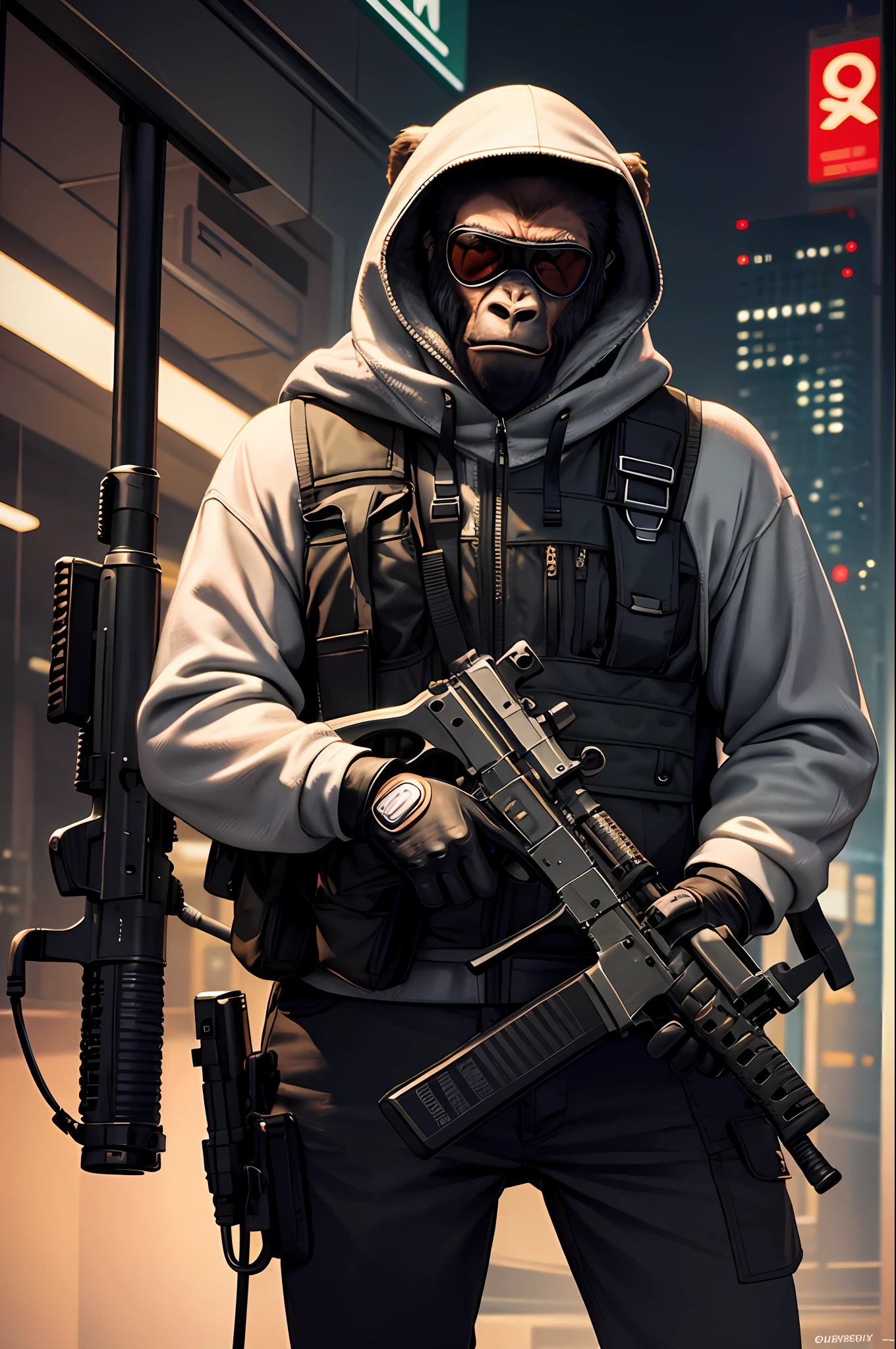 masterpiece, best quality, realistic , fashion monkey, gorilla, blur, book, cable, cyberpunk, gloves, infrared sleeve with automatic rifle in hand, hood, solo,