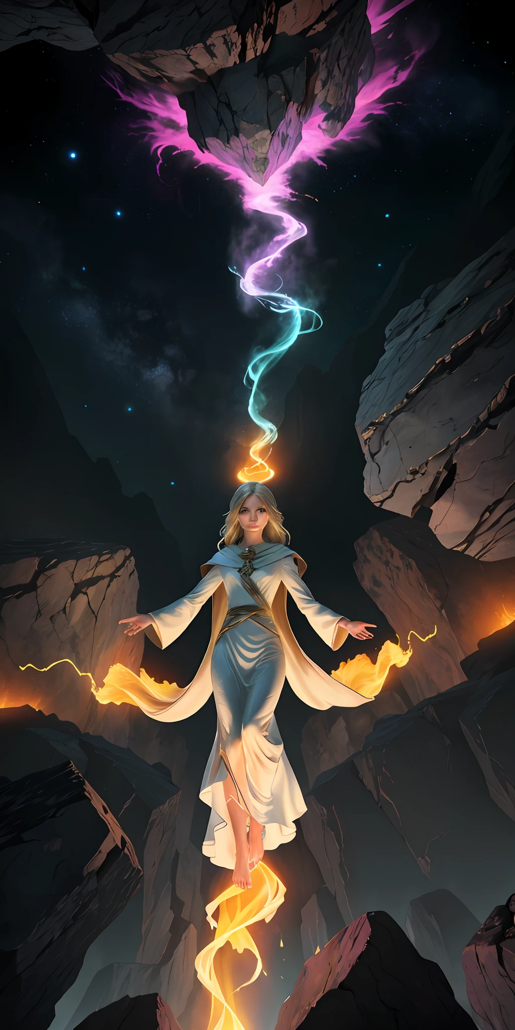 Female barefoot summoner levitated on blond robes and cloaked arms and held up across the shattered earth Bright lava light from below the asteroid field (jagged rocks, boulders and debris shooting into the air: 1.3) Beautiful face Delicate appearance (Gale Dust Debris Storm: 1.1) Volumetric fog ray tracing Z delivers bright light from below, (Masterpiece) (Best Quality) (detailed) (8K) (Cinematic Lighting) (Sharp Focus) (Complex)