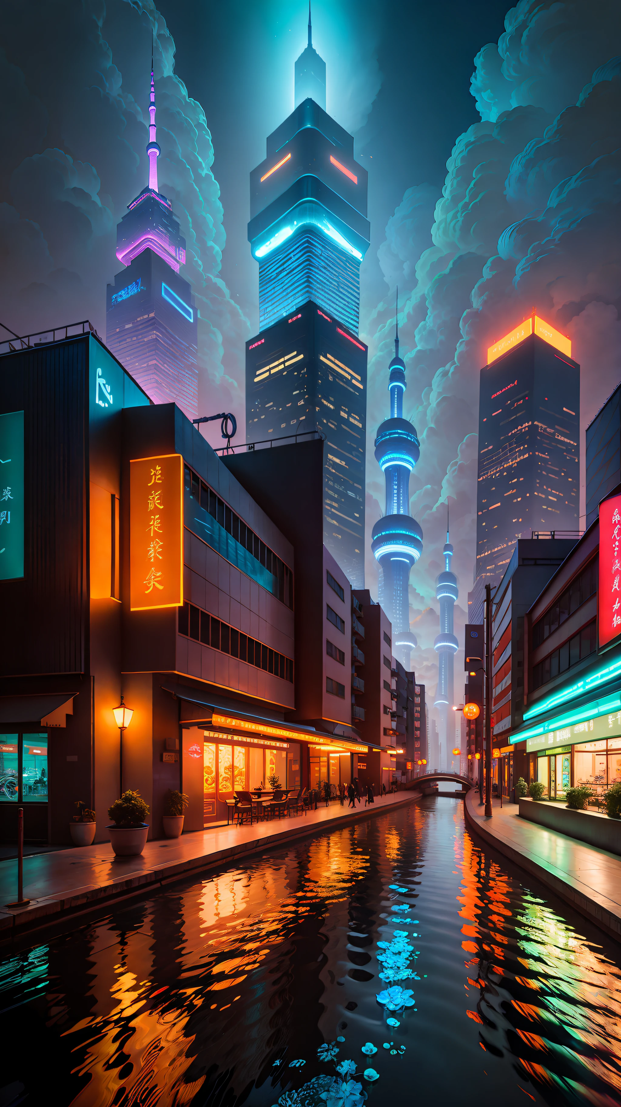 View of city skyline at night, bright lights, Shanghai city, Shanghai, Chinese New Year in Shanghai, no humans. No pedestrians. There are no passers-by. no humans. No pedestrians. There are no passers-by. The water surface is clean and the reflection effect is very beautiful. Visually stunning. Beautiful futuristic city, neon big city in background, brightly lit buildings, interesting backdrop, vibrant city lights, hou china, neon city in background, beautiful city, dream land of Chinese people, skyline show, from china, beautiful cityscape, photo of futuristic cityscape, pexels, blue hour photography, skyline show, hou china, city at night, skyline, from china, trend, trend, chinese dream, spectacular Clouds, fantasy clouds. Partially looking to the left, around the city, Shanghai Lujiazui. Chinese Architecture, Jia Ruan, Ruan Jia. The bustling technology building is beyond imagination. Inspired by Makoto Shinkai's popular concept art and masterpieces on pixiv, Vision (wide-angle lens), super high resolution (authenticity: 1.4), super high quality, detail enhancement. Extremely detailed CG Unity 8k wallpapers, aesthetics, award winning photography, photorealistic, high detail, intricate, art of travel, realistic 3D animation style, landscape concept art, super high resolution (photorealistic: 1.4), aesthetics, focus, High quality, vibrant colors, stunning reflections, crystal clear water, award winning cinematography, 3D lighting and beautiful cinematic lighting. Rich in detail. Remove blur, best quality.