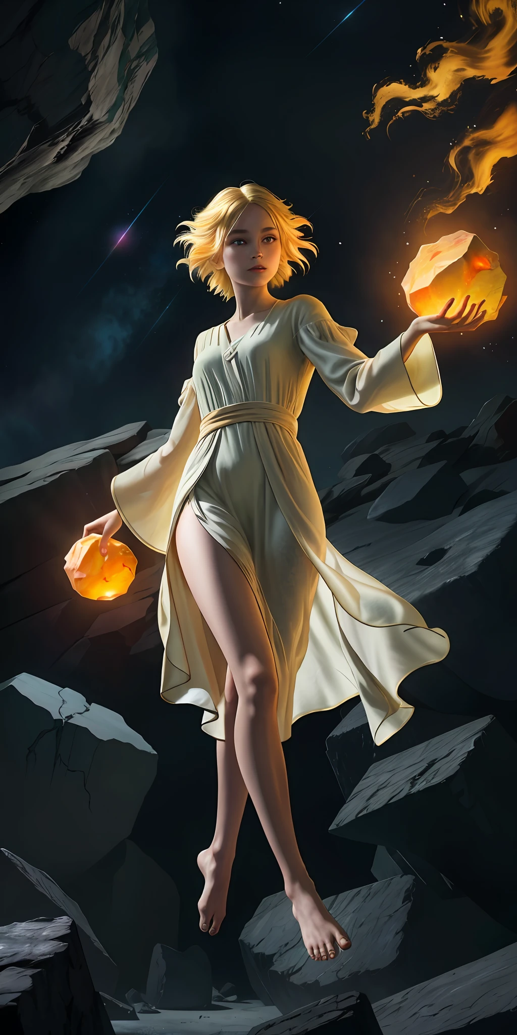 Female barefoot summoner levitated on blond robes and cloaked arms and held up across the shattered earth Bright lava light from below the asteroid field (jagged rocks, boulders and debris shooting into the air: 1.3) Beautiful face Delicate appearance (Gale Dust Debris Storm: 1.1) Volumetric fog ray tracing Z delivers bright light from below, (Masterpiece) (Best Quality) (detailed) (8K) (Cinematic Lighting) (Sharp Focus) (Complex)