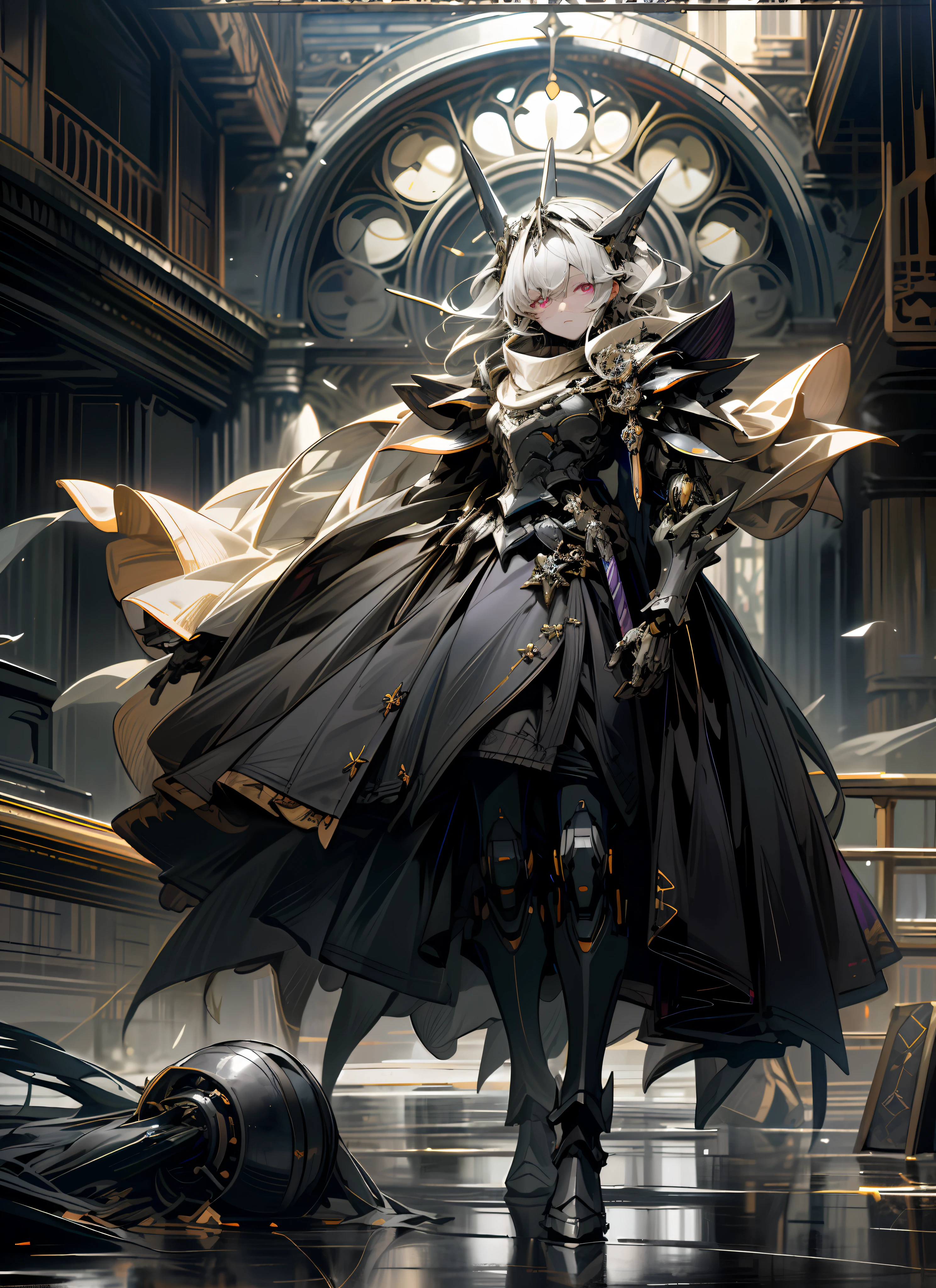 holding_weapon, no_humans, Glow, Robot, Architecture, glowing_eyes, Mecha, Science Fiction, City, Reality, Mecha, Grey Hair, Colored Inner Hair, Crossed Bangs, Long Hair, Messy Hair, Glowing Eyes, Purple Eyes, Expressionless, Surrealism, drop shadow, stereogram, tachi-e, chiaroscuro, 8k, super detail, ccurate, best quality, black armor, shawl, mechanical limbs, black boots, dark church, composition, proportion, foreground, medium scene, background, perspective, light, color, texture, detail, beauty, wonder. Quiet and eerie, high details, super detail, single, armored skirt, armored dress, dark fantacy, UHD, masterpiece, best quality, slender figure, stained glass, beautiful detailed eyes, jellyfish, mechanical joints