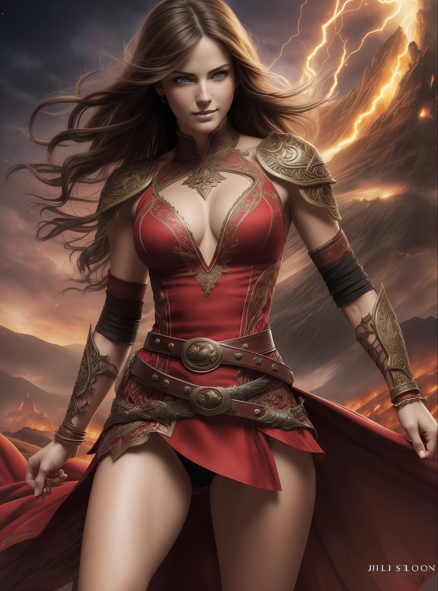 ((realistic:1.5)),((best quality)), ((masterpiece)),((detailed)), ((8K)), (1girl), (a beautiful 27 year old female fighting a red demon), (half body:1.5), face focus, toned muscles, long legs, slim thighs, narrow hips, green eyes, tiny breasts, (detailed face, sultry smile, beautiful eyes, detailed clothes, clear background:1.5), (Normal skin, short black hair, outlined eyes, outlined face, bracelet, half body), wearing intricately detailed red warrior dress, boots, belt, fighting a demon, detailed night volcano background, stars, soft lighting, best shadow, soft details, perfect composition, Intricate, Sharp focus, dramatic, by luis royo, by julie bell