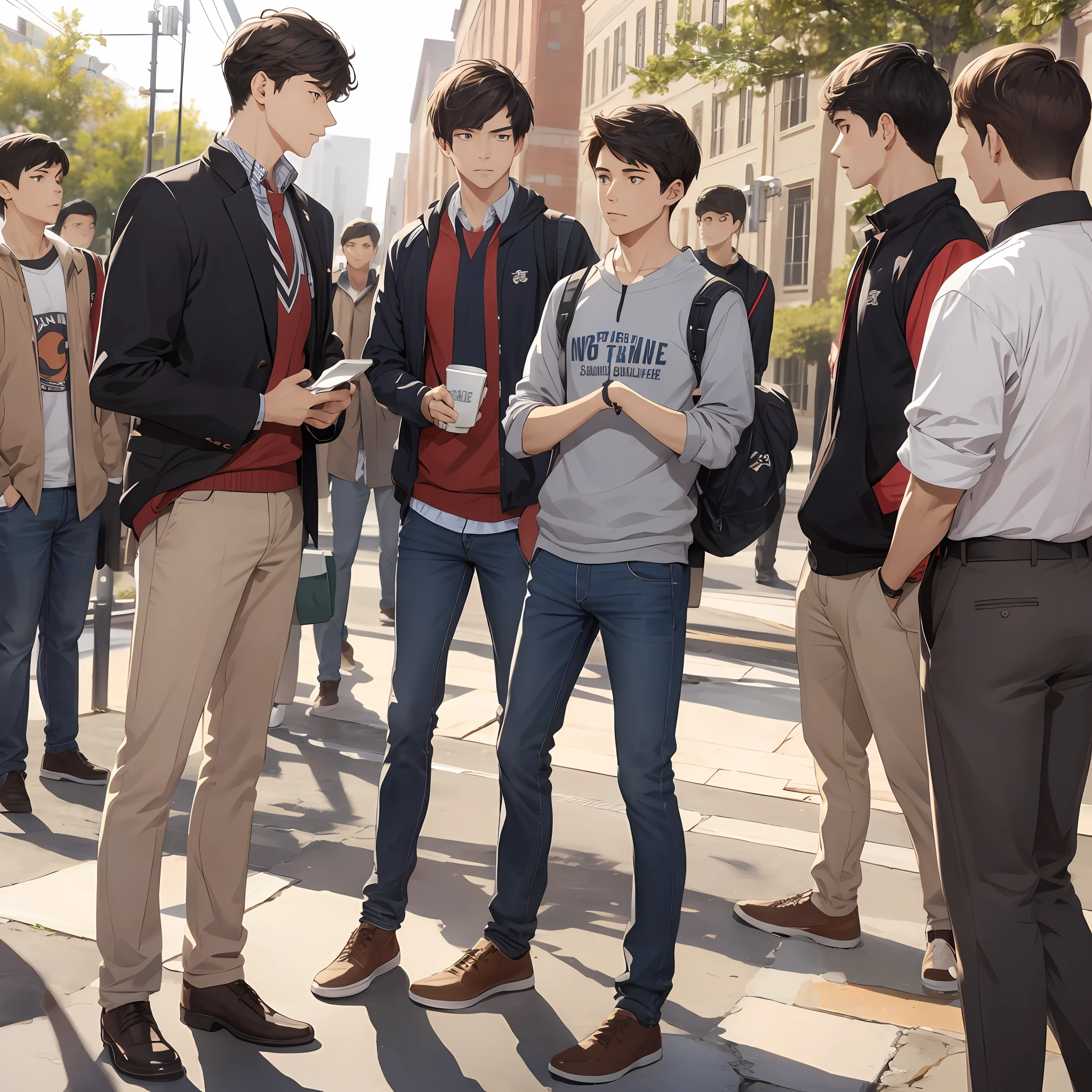 Several college boys, talking, arrogant expressions, background to campus