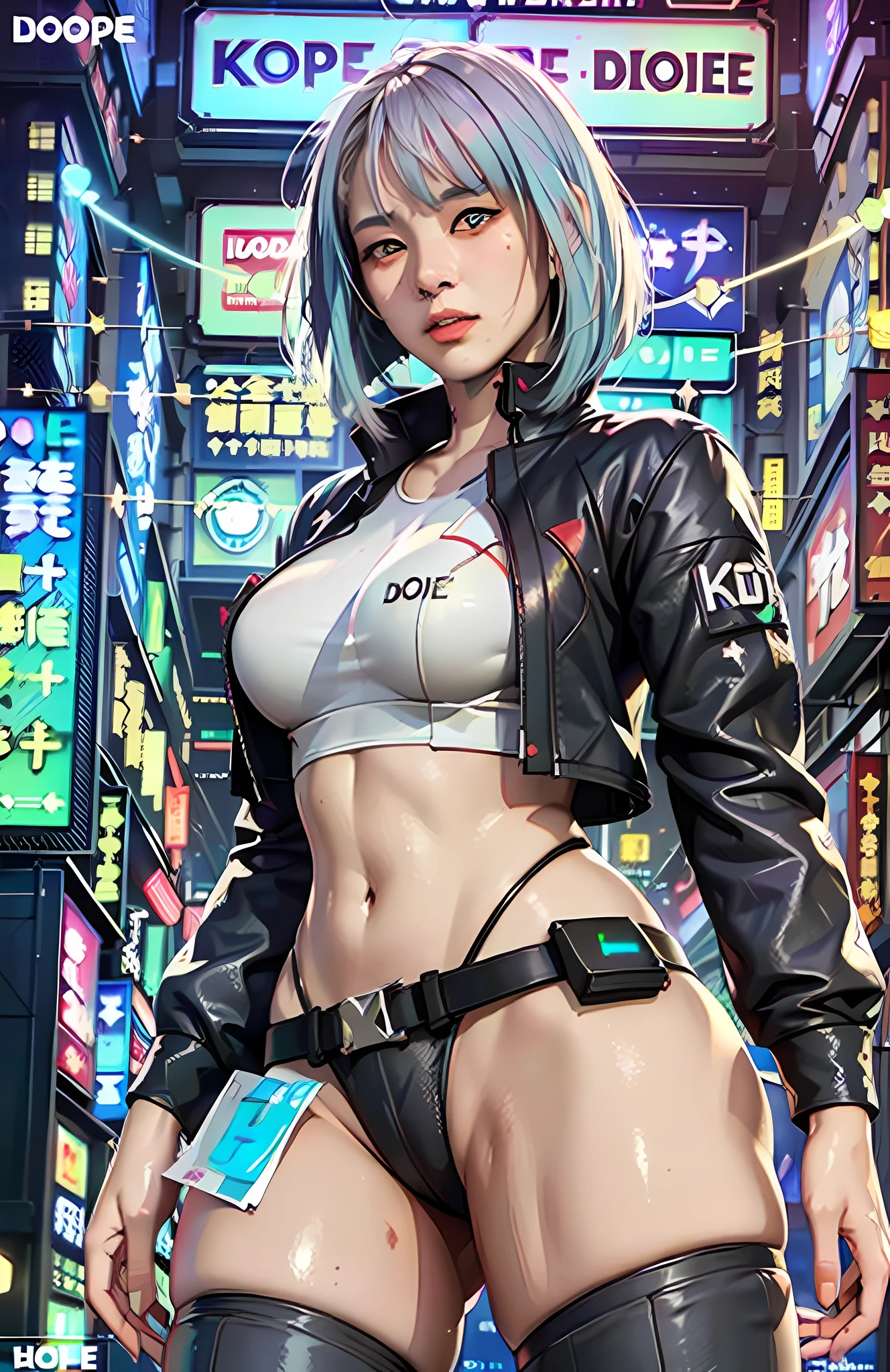 (Masterpiece:1.2), best quality, (illustration:1.2), determination, broll,(Masterfully crafted brilliance, lens flare), (ultra-detailed), hyper detail, (delicate detailed), (intricate detail), ( cinematic light, best quality Backlights), clear line, solo female, solo female, perfect body, huge breasts, big eyes, soducer, (1girl), bioluminescent hair, glowing eyes, lucy \(cyberpunk\),(supermodel:1.1) , eyes slightly closed, new york, (Dynamic: 1.2), ((makeup)), high contrast, (better lighting, an extremely delicate and beautiful), ((cinematic light)), colorful, powerful, (cinematic masterpiece ), photoshoot, cyberpunk 2077, graffiti, color splatter, absolutely eye-catching, ((colorful paint splatter on background, dulux,)), ((caustic)), dynamic angle, beautiful detailed neon lights, (captivating) ,(intricately detailed cyberpunk cinematic city:1.2), short shorts, shorts, open jacket, belt, bodysuit, ambient occlusion, ambient light, ray traced reflections, intricately detailed cyberpunk city, subsurface scattering, post-processing, street signs neon, futuristic city, urban, super reflection, raw photo, sci-fi, bokeh background, moon, (dope:2), cameltoe: 1.3