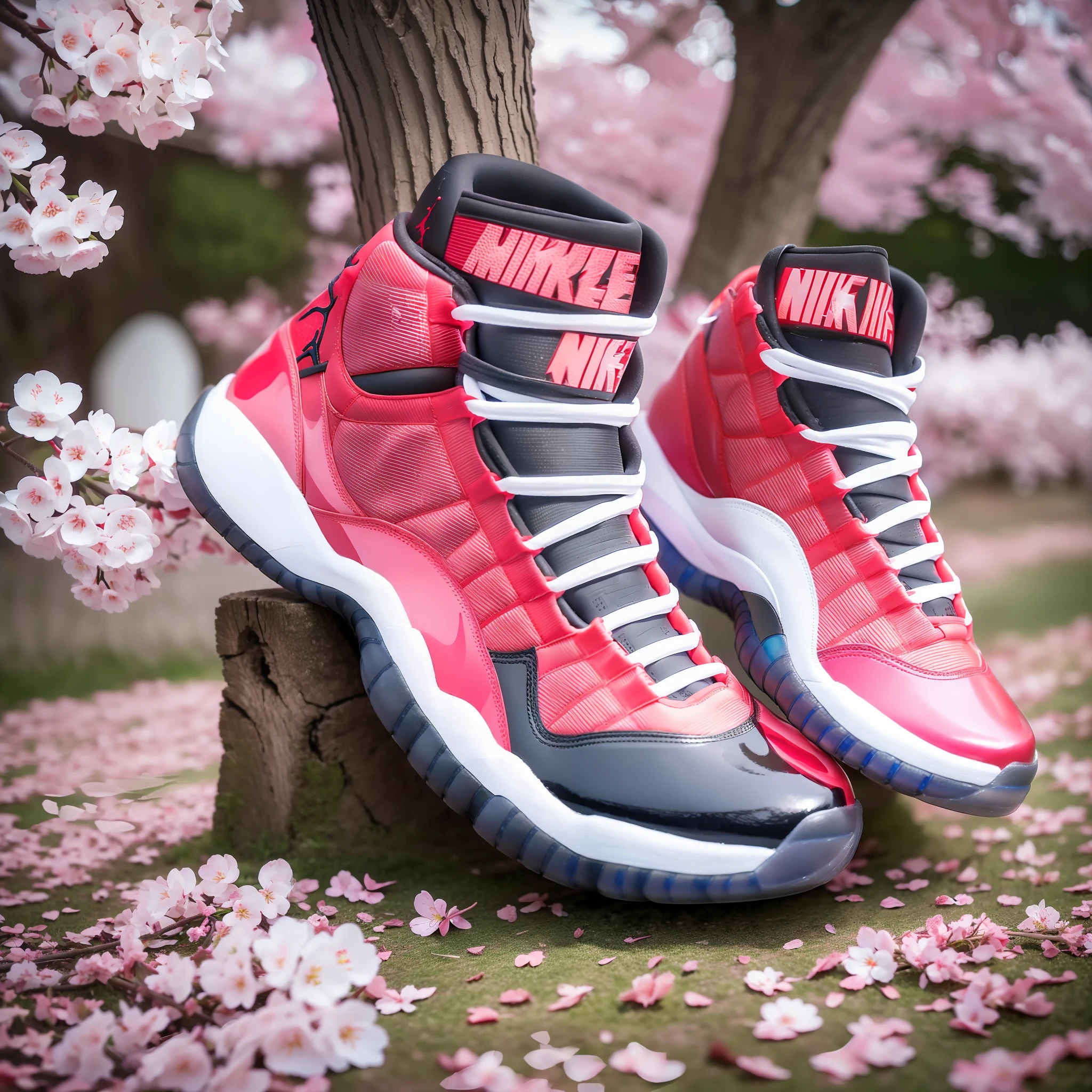 (Nike Air Jordan 11 sneakers), flowers, realistic style, cherry blossom petals falling, cherry blossom petals all over the ground, air, backlight, flowers, petals, outdoor, product shooting, tyndal effect, lens flare, shadow, bloom, backlight, depth of field, natural lighting, (best quality), HD, 32k, detail features