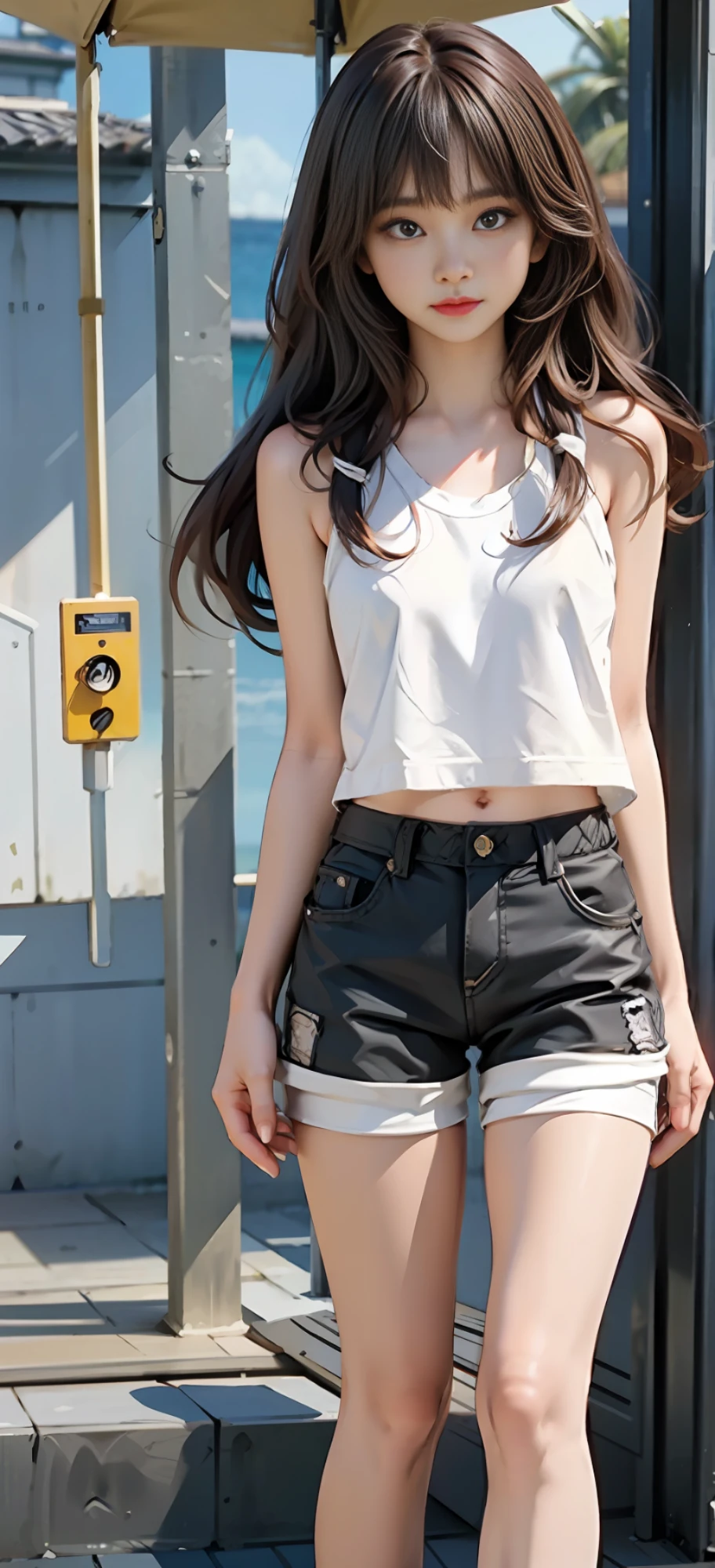 A Korean beautiful girl wearing a white vest and leggings and shorts, slender figure, full-body photo, long brown hair, bangs hairstyle bow, melon seed face, big eyes of Shui Lingling, sexy small mouth, slightly upturned lips, medium chest, background seaside park, sexy and charming, standing, super shorts, slim figure, sexy and charming