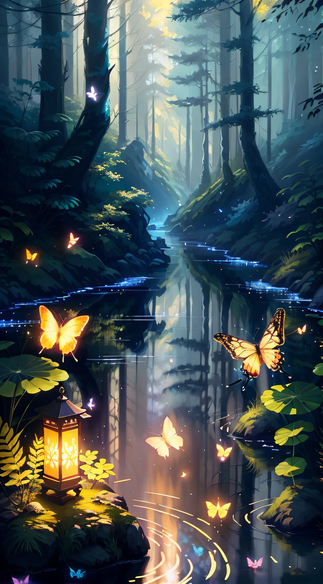 a painting of a stream in the woods with butterflies flying around, beautiful digital artwork, makoto shinkai cyril rolando, glowing butterflies, magical environment, very beautiful digital art, anime nature, 4k detailed digital art, inspired by Cyril Rolando, anime nature wallpap, beautiful digital art, magical forest with fireflies, a beautiful artwork illustration, by Yang J