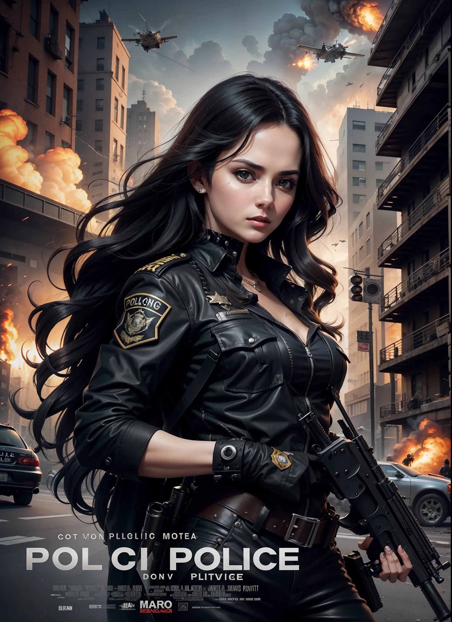 Police movie poster, beautiful woman, medium dark long hair, with big gun in hands, black clothes, rivets, explosions, cars, planes, just one body