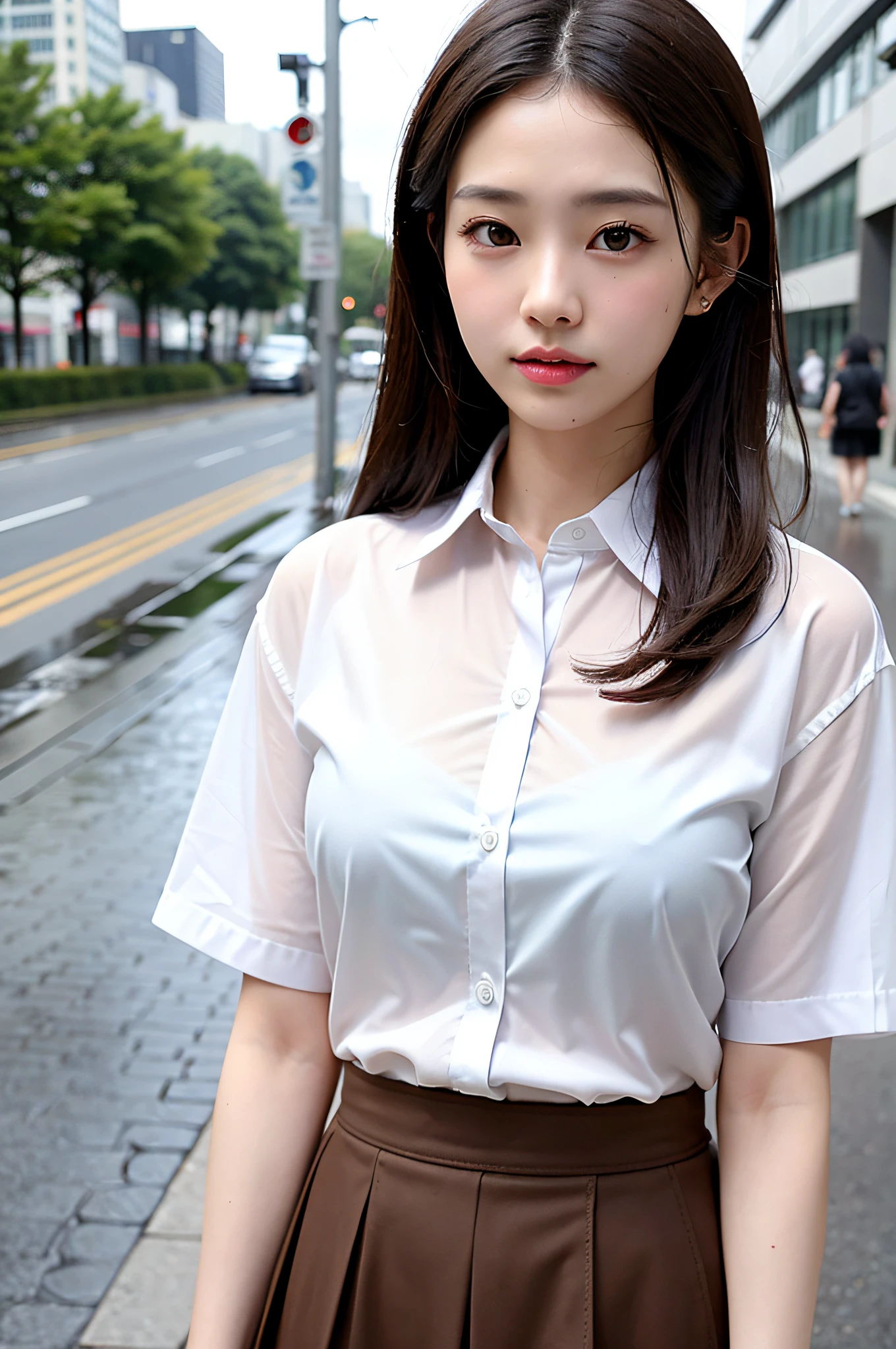 (Best Quality, 4K, Masterpiece: 1.3), Pretty Woman, 1girl, (Breasts, Charming Body: 1.2), Abs: 1.1, Dark Brown Hair: 1.1, (Rain Wet, Rain Wet, Wet Body: 1.2), (Wet Hair, Wet Shirt: 1.4), Real Rain, All Body Soaked, Ultra- Detail Face, Detail Lips, Detail Eyes, Double Eyelids, Wearing a Skirt and White Shirt, Japanese Model, Quarter-Shot Shot, On the Street