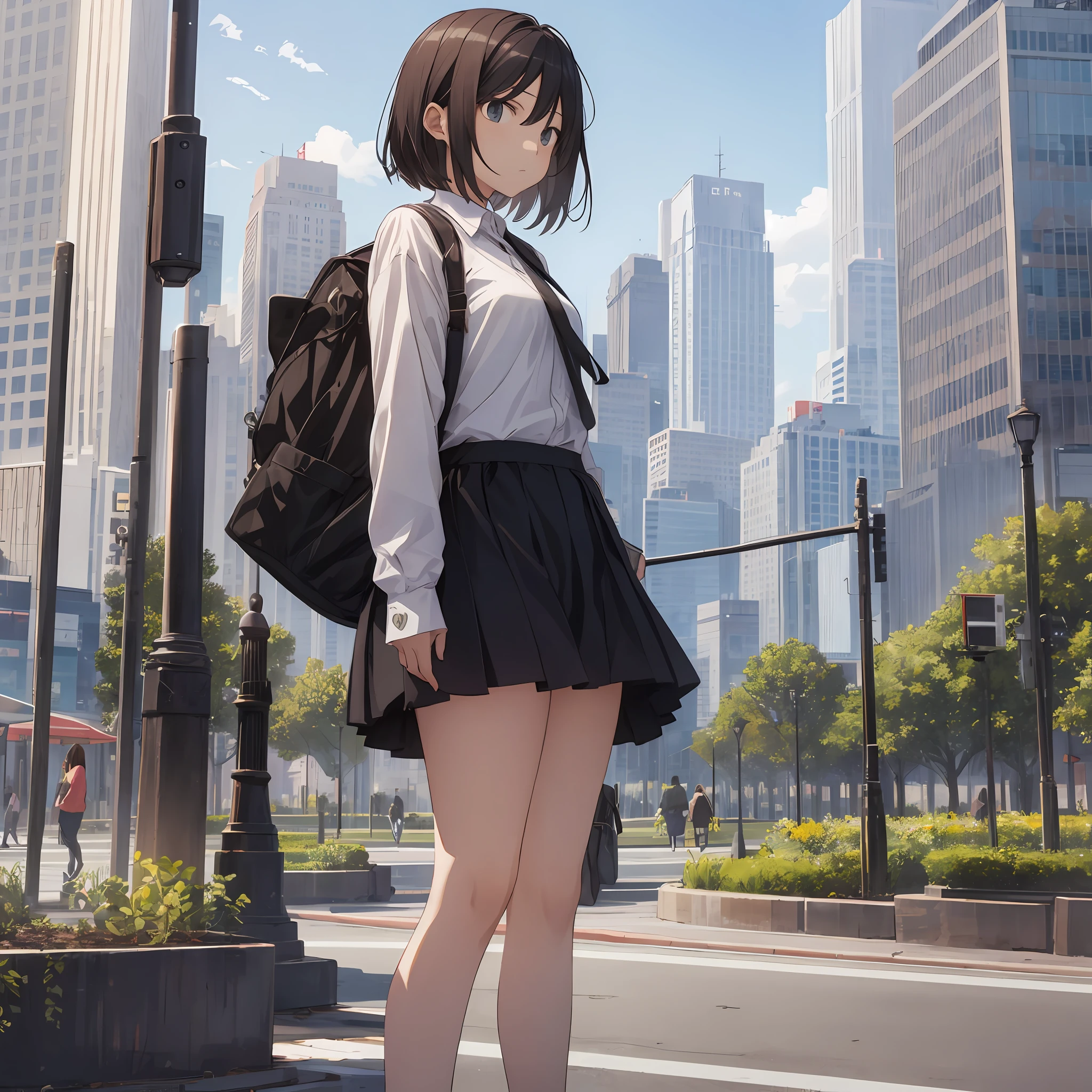 A girl, talking angrily, with a park in the background, wearing a skirt