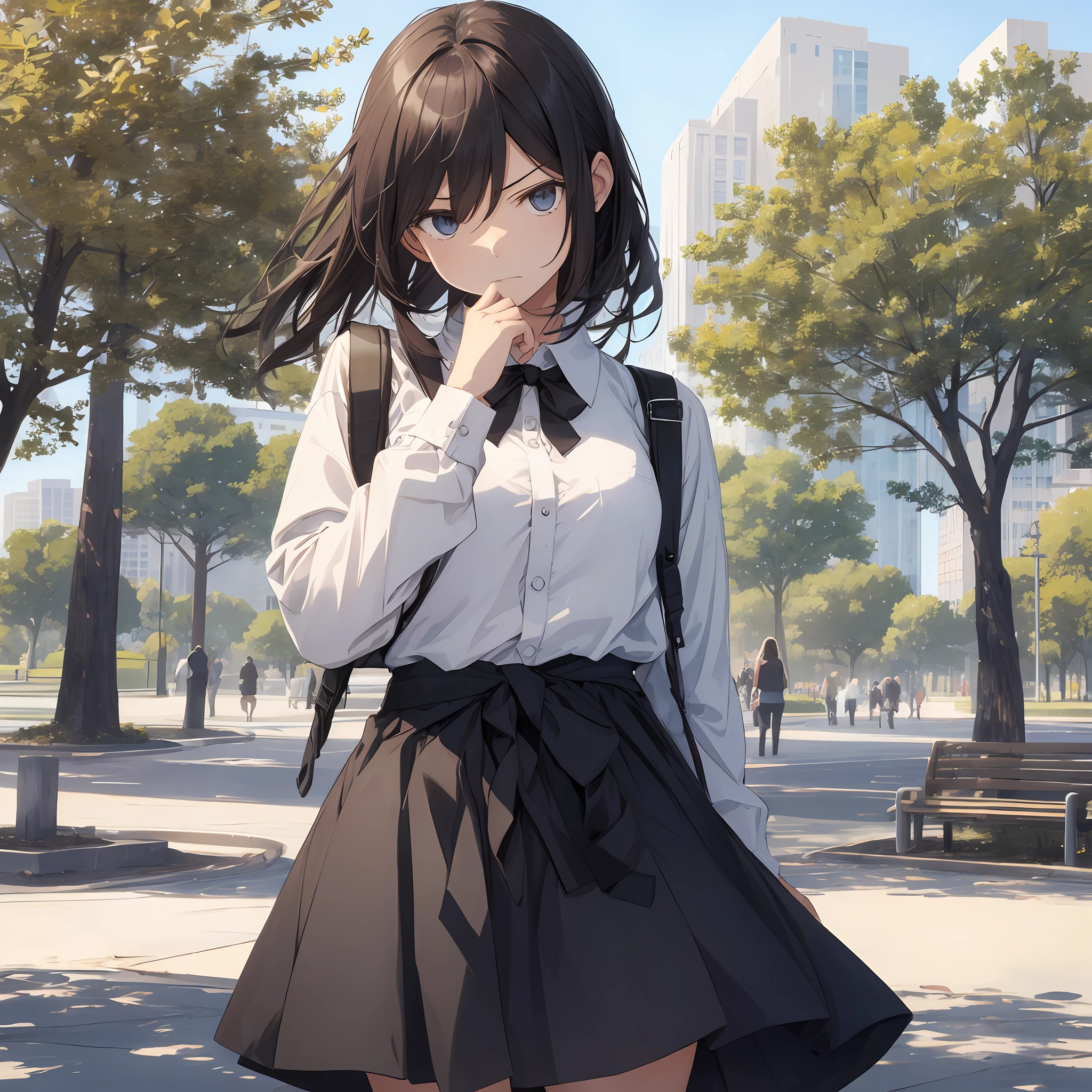 A girl, talking angrily, with her hands crossed at the waist, front, the park in the background, wearing a skirt