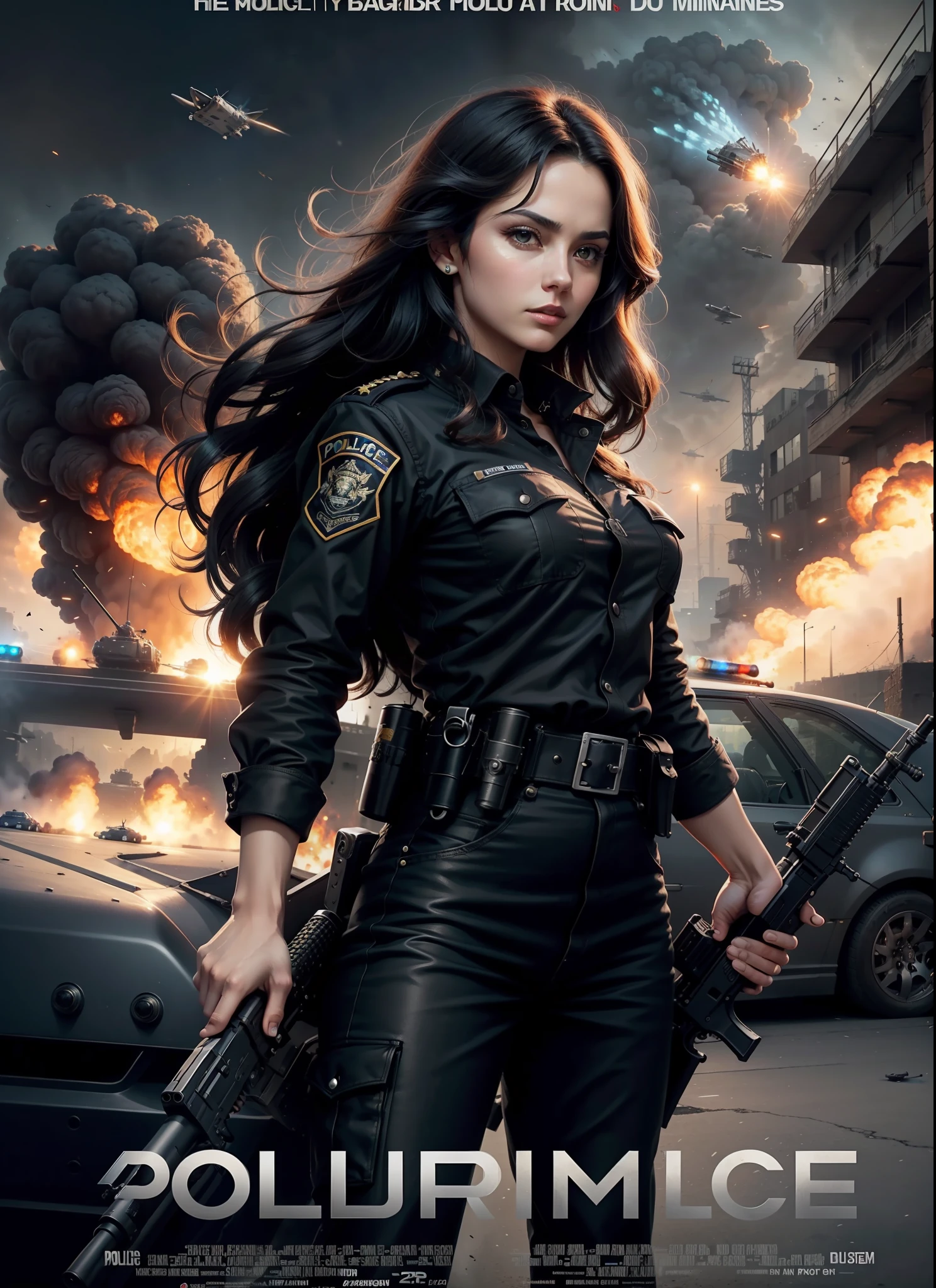 Police movie poster, beautiful woman, medium dark long hair, with big gun in hands, black clothes, rivets, explosions, cars, planes, just one body