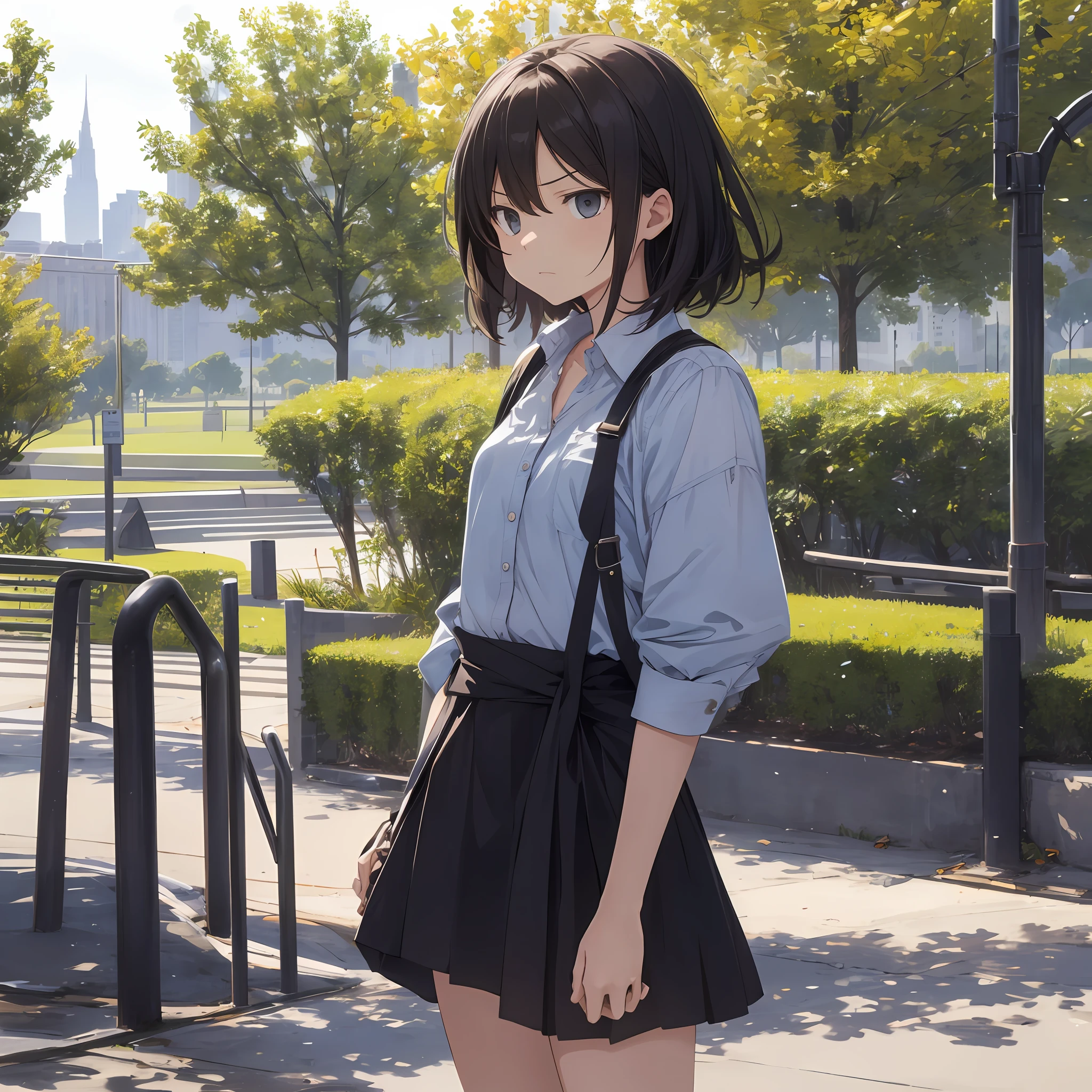 A girl, talking angrily, with her hands crossed at the waist, front, the park in the background, wearing a skirt