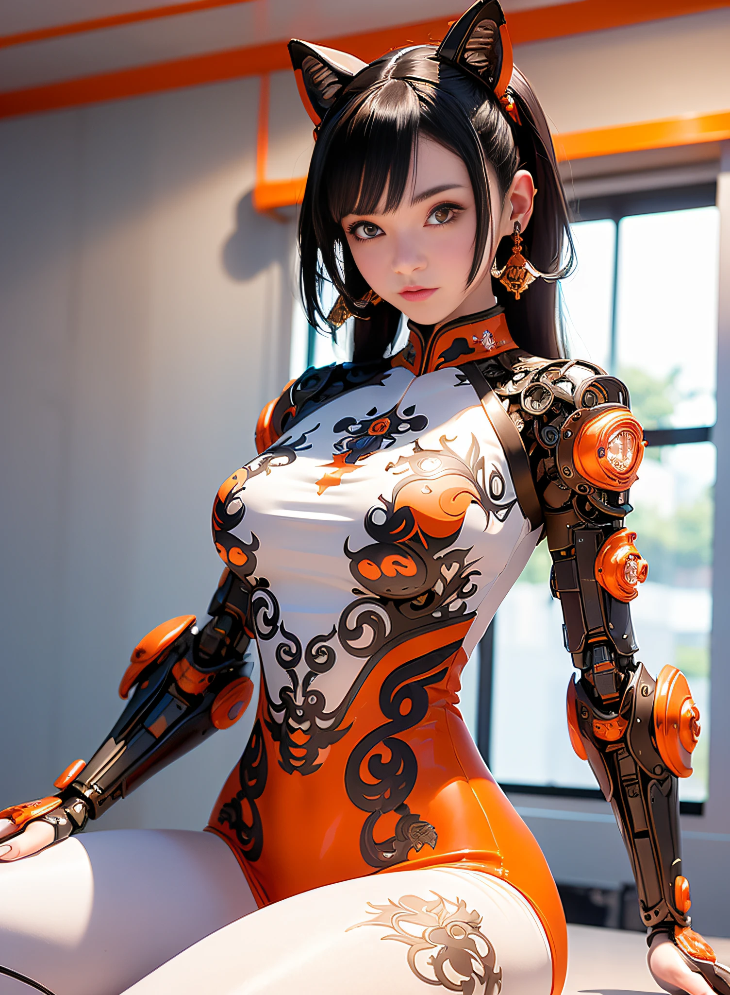 1girl, long hair, black hair, blue eyes, smirk smile, cyberhanfu, laying in bed, mechanical parts, cat ear, wolf ear, porcelain skin, tan skin, orange clad, orange armor, orange body suit, white gloves, white headset, wolf tail, open thigh, open navel, revealing breast, huge breast, (masterpiece:1.5), (intricate detail:1.5), (cinematic:1.5), inside a machinery contraption, glass vials, messy room, cables, wires, machinery walls, giant magnet.