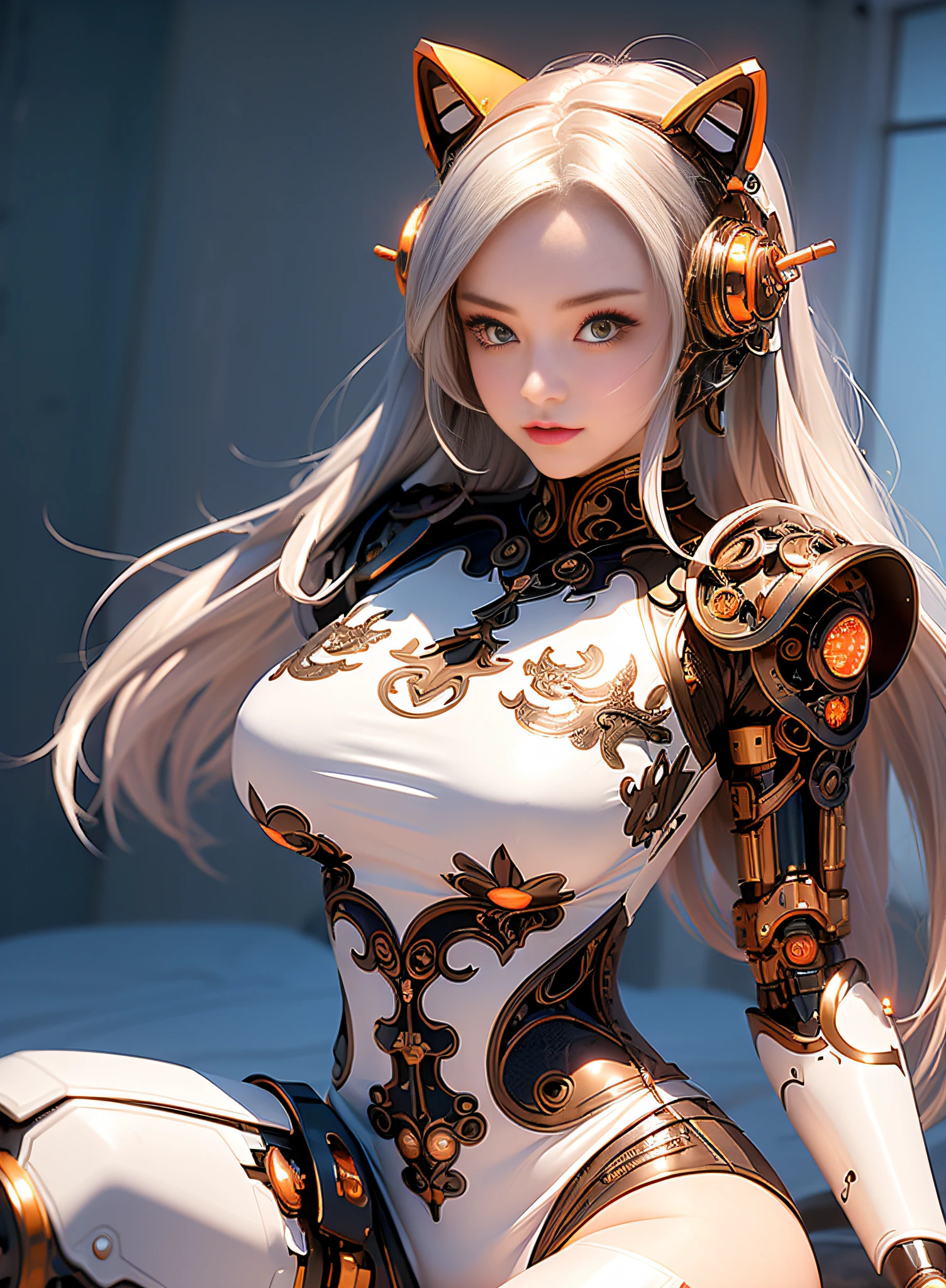 1girl, long hair, black hair, blue eyes, smirk smile, cyberhanfu, laying in bed, mechanical parts, cat ear, wolf ear, porcelain skin, tan skin, orange clad, orange armor, orange body suit, white gloves, white headset, wolf tail, open thigh, open navel, revealing breast, huge breast, (masterpiece:1.5), (intricate detail:1.5), (cinematic:1.5), inside a machinery contraption, glass vials, messy room, cables, wires, machinery walls, giant magnet.