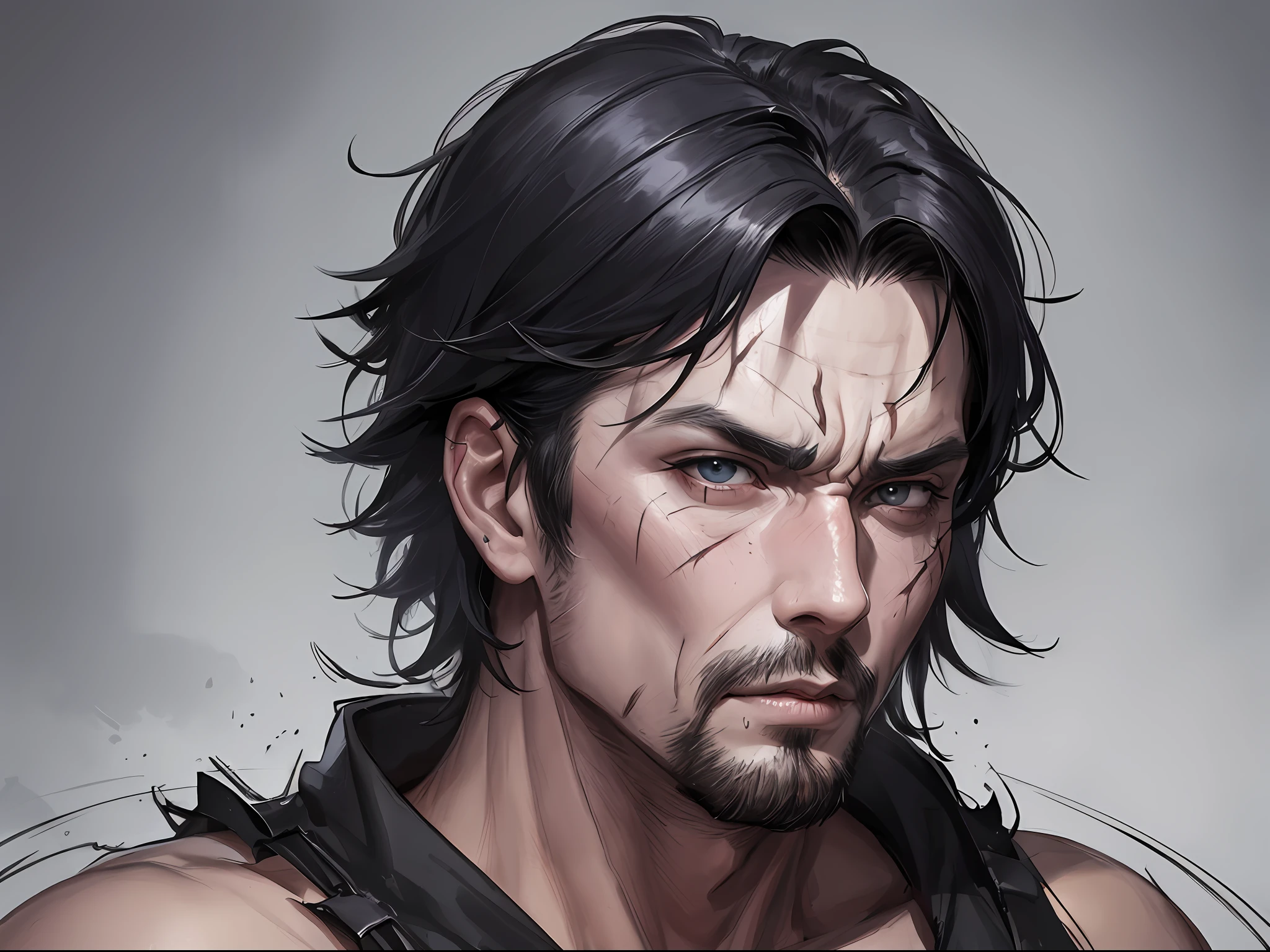 1 man, bad guy, fierce and vicious, sloppy, scar on face, provocative ((ultra-realistic details)) upper body,, Chinese Republic of China style, global illumination, short black hair, shabby clothes, sloppy, 8k, giggle, a pair of bright eyes,