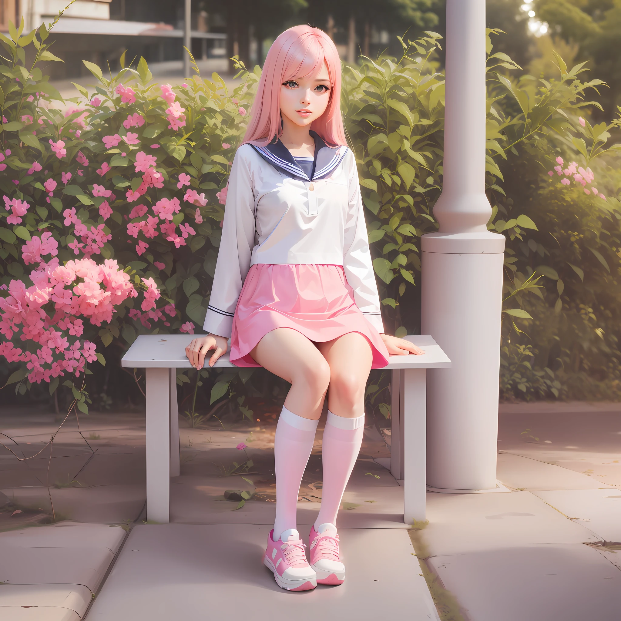 there is a woman sitting on a bench in a pink skirt, anime girl in real life, anime girl cosplay, haruno sakura, young anime girl, beautiful anime high school girl, the anime girl is crouching, ayaka cosplay, anime cosplay, anime girl, a hyperrealistic schoolgirl, anime style mixed with fujifilm, with pink hair, hana yata --auto --s2