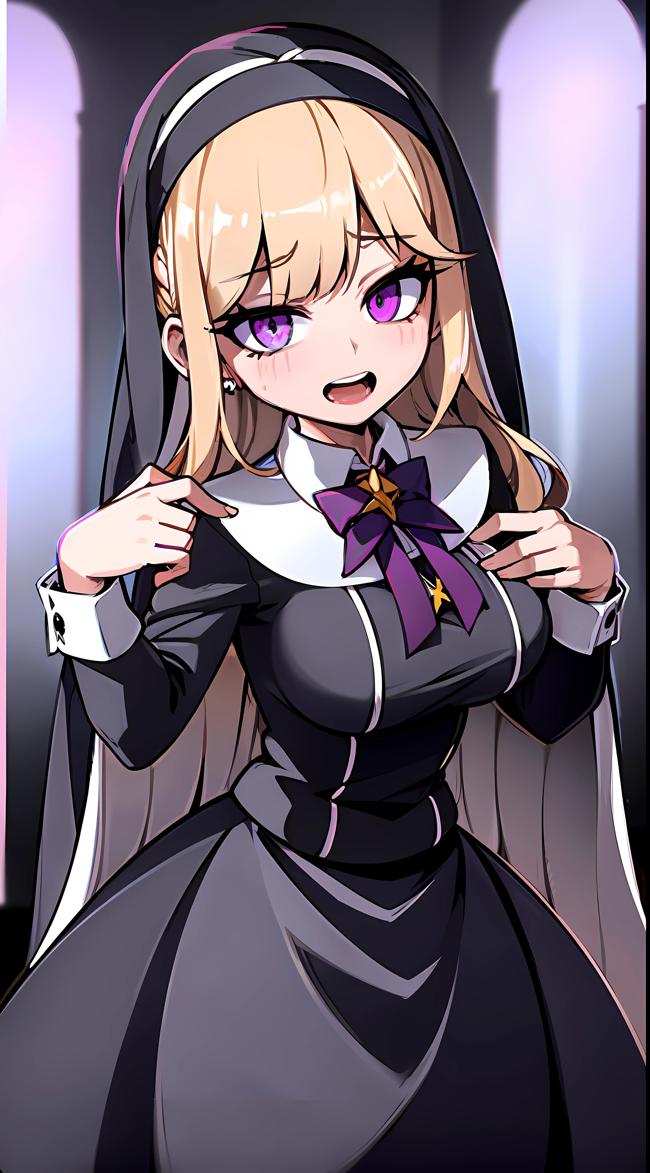 1girl,solo,cocoliaV4 honkai star rail,anatomically correct,face focus,(shiny purple eyes, shiny blonde hair, looking at viewer, earrings, long hair, hair over shoulder, side drill,large breasts),(black and white nun veil, white and frilled nun capelet, edge a collar with lace, black nun dress, long sleeves, black nun long skirt, purple bowtiedress),(makeup, open mouth, blush, drunk, expressions, full-face blush, from above, wide shot, lens flare, f/1.8, depth of field),UHD,eye reflection,glowing eyes,sparkling eyes,wide-eyed,high detail,Conceptual art,glowing light,first-person view,pov,f/1.2,retina,masterpiece,ccurate,super detail,high details,high quality,award winning,best quality,highres,16k,