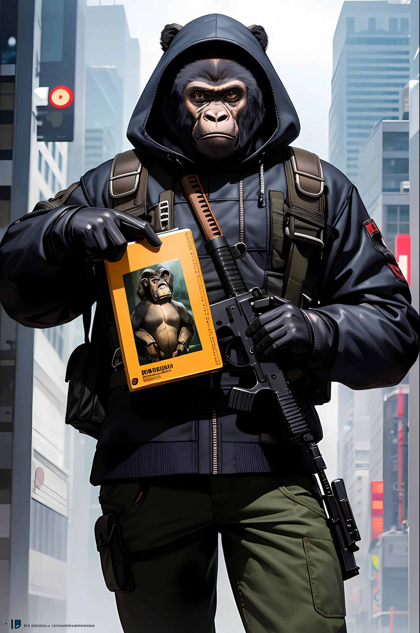 masterpiece, best quality, realistic , fashion monkey, gorilla, blur, book, cable, cyberpunk, gloves, infrared sleeve with automatic rifle in hand, hood, solo,