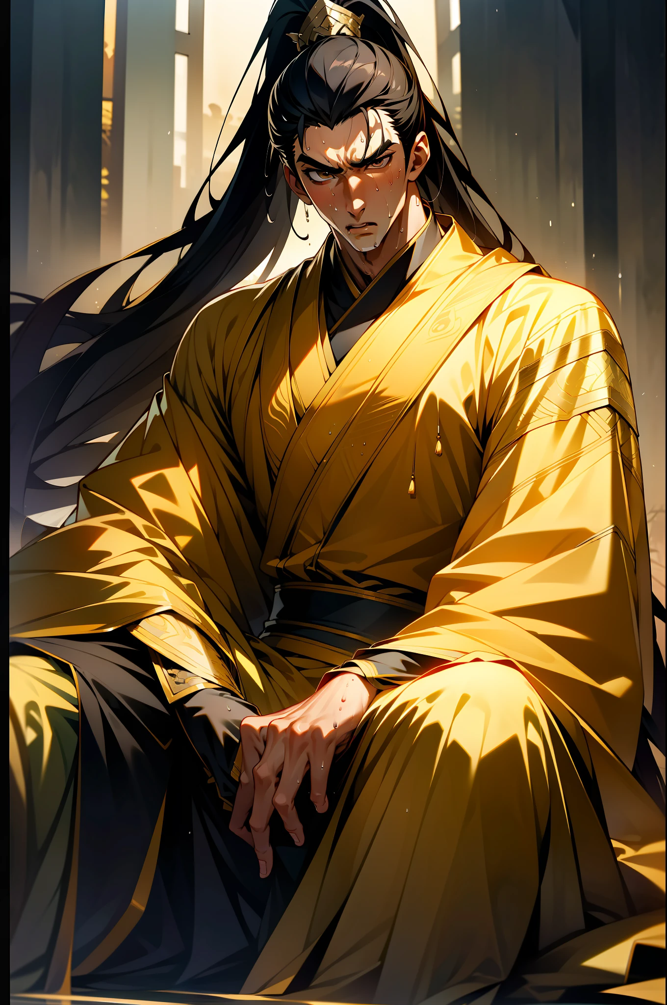 (8k), (highest quality), (masterpiece), two-dimensional, anime style, man (male warrior), squat, crotch sweat, crotch sweat, muscle, correct proportions, face details, martial arts, high ponytail hairstyle, sweating, pectoralis sweating, abdominal sweating, face sweating, drooling, neck details, with Adam's apple, wet, wet, Hanfu costume, long robe, embroidered robe, dragon robe, clothes details, collar, long sleeves, game quality, swordsman demeanor, light and shadow tracing, ray tracing, detail glowing, CG rendering, hair details, Long black hair, golden eyes, sweaty face, handsome, handsome, sweat beads slipping down the neck, (juvenile feeling), complex clothing, wet, wet, perfect composition, refinement, high quality, more details, lots of details, complex background, sense of atmosphere,