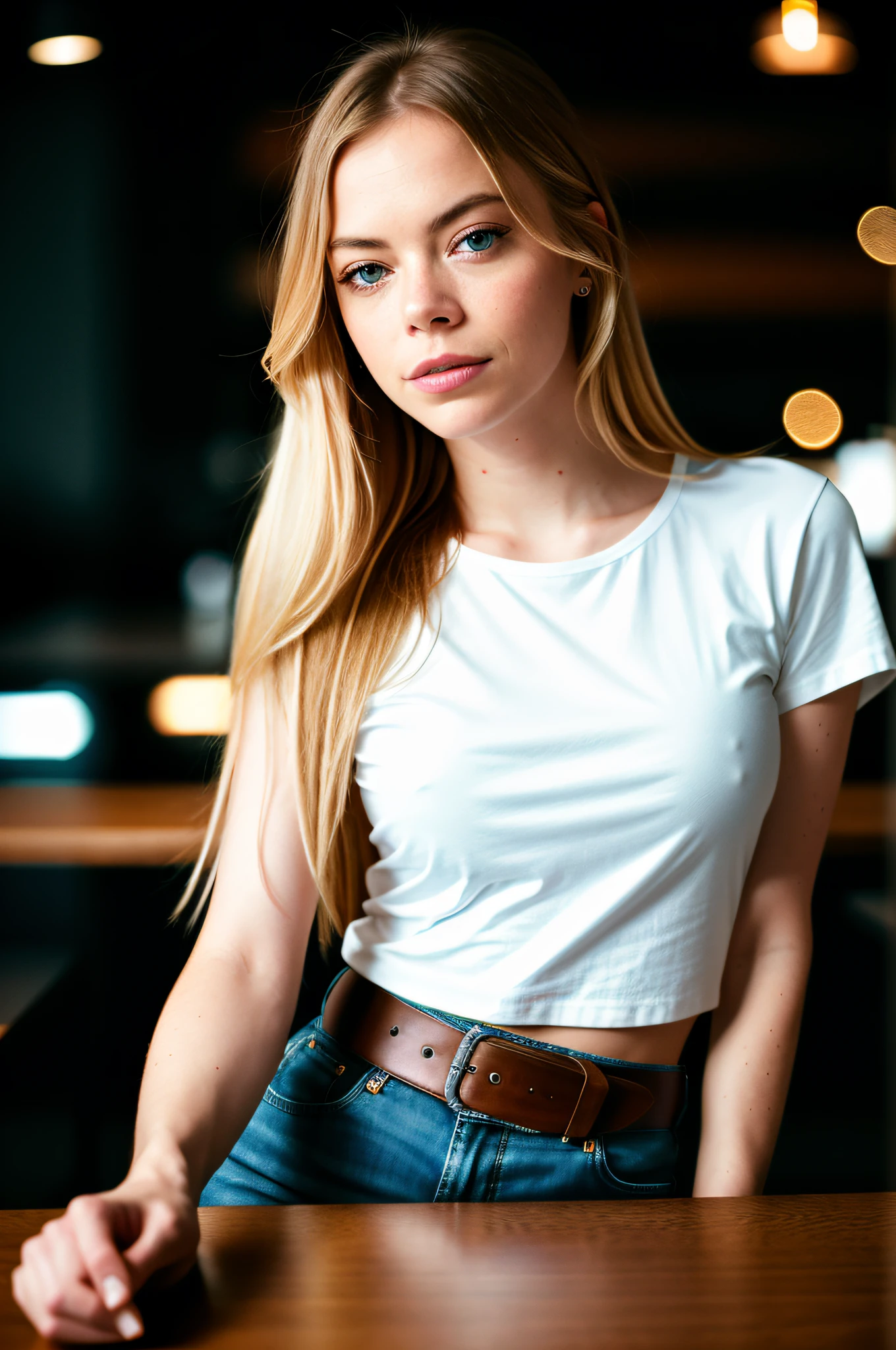 beautiful woman, long straight blonde hair, wearing a white t-shirt without print, wearing leather belt, front view (sitting inside a modern restaurant at night), Emma Stone, very detailed, 30 years, natural wave hair, blue eyes, high-res, masterpiece, best quality, intricate details, highly detailed, sharp focus, detailed skin, realistic skin texture, texture, detailed eyes,  professional, 4k, Canon shooting, 85mm, shallow depth of field, kodak color vision, perfect fit body, extremely detailed, photo_\(ultra\), photorealistic, realistic, post-processing, maximum detail, roughness, real life, ultra realistic, photorealism, photography, 8k uhd, photography (grain of film) medium shot for closeup shot atmospheric dark lighting