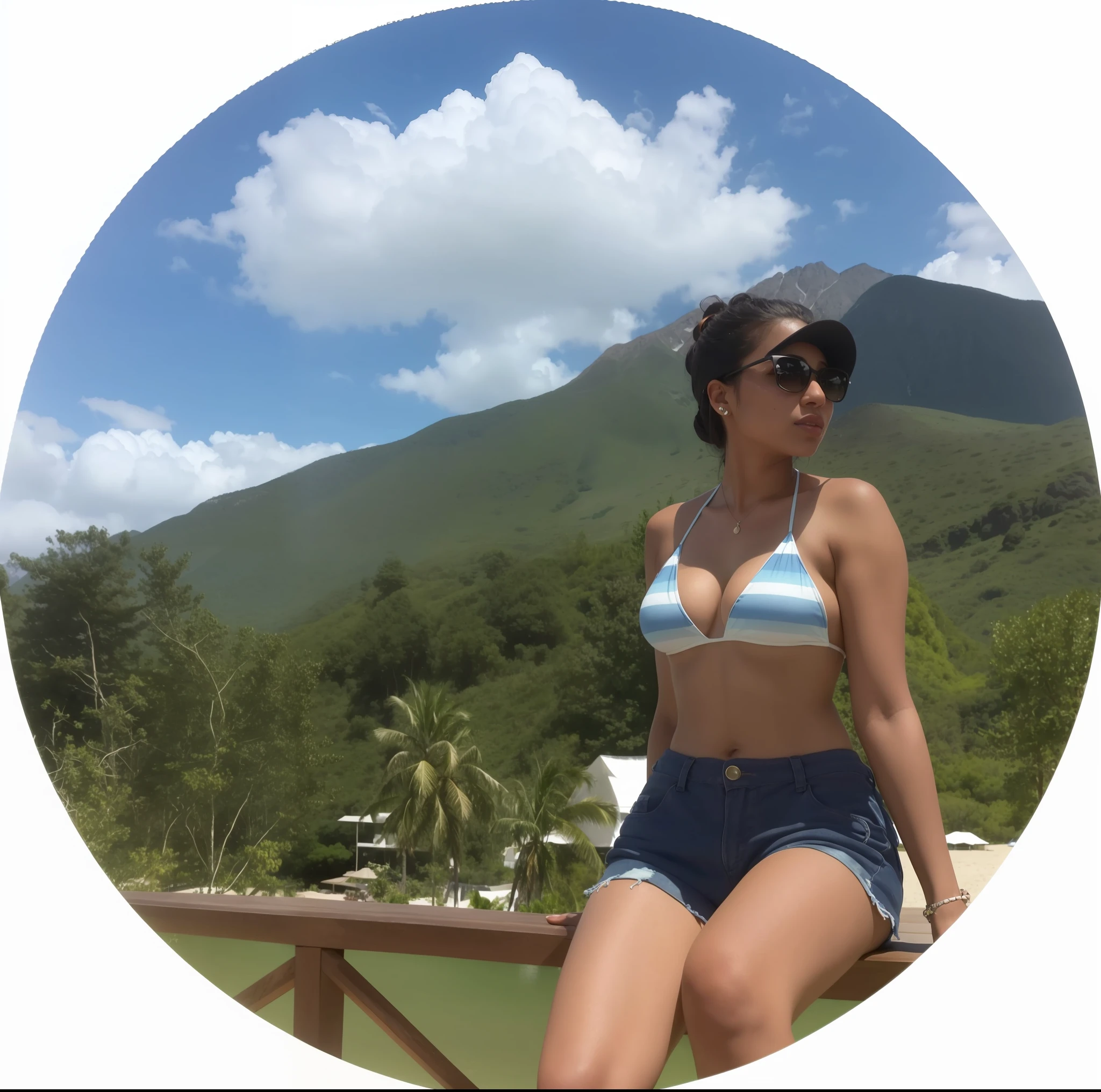 arafed woman in a bikini sitting on a wooden bench, vacation photo, with mountains in the background, imane anys, profile image, nice view, paradise in the background, with mountains as background, avatar image, malika favre, by Herbert MacNair, profile pic, photo taken in 2 0 2 0, taken in 2 0 2 0