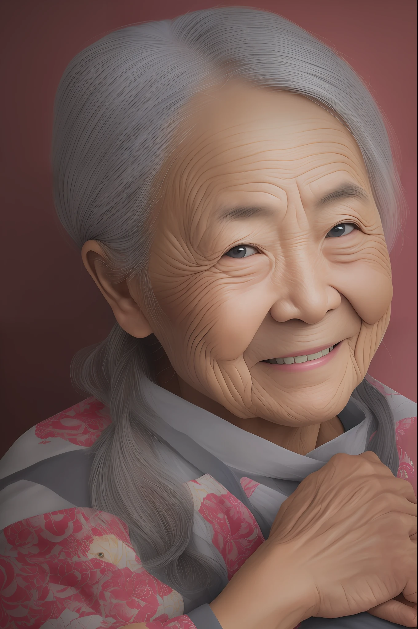 Portrait of a Woman of 85 years, Chinese, smiling, wrinkles visible grey hair and bandana, confy clothes, holding on her arms a smiling kid of two years old, Chinese, smirking to the camera, red t-shirt. Detailed texture of the skin, detailed eyes, no make up. Soft natural light of sunset. --auto --s2