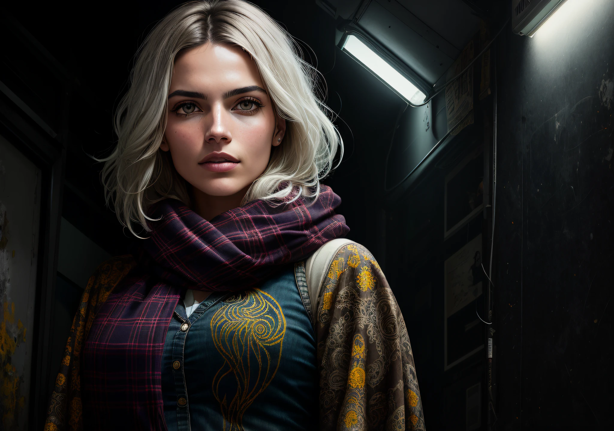 Brazilian actress ((Paola Oliveira)), dark photo: with the body covered, driving old car, realistic epic, halo portrait, blue eyes, plaid scarf, white hair of Atey Ghailan, of Greg Rutkowski, of Greg Tocchini, of James Gilleard, of Joe Fenton, of Kaethe Butcher, yellow gradient, black, brown and magenta color scheme, grunge aesthetic!!! Graffiti brand wall background, art by Greg Rutkowski and Artgerm, soft cinematic light, Adobe Lightroom, Photo Lab, HDR, intricate, highly detailed, (depth of field: 1.4), faded, (neutral colors: 1.2), (HDR: 1.4), (soft colors:1.2), hyperdetailed, (Artstation:1.4), cinematic, warm lights, dramatic light, (intricate details:1.1), complex background, (Rutkowski:0.66), (blue and orange:0.4)