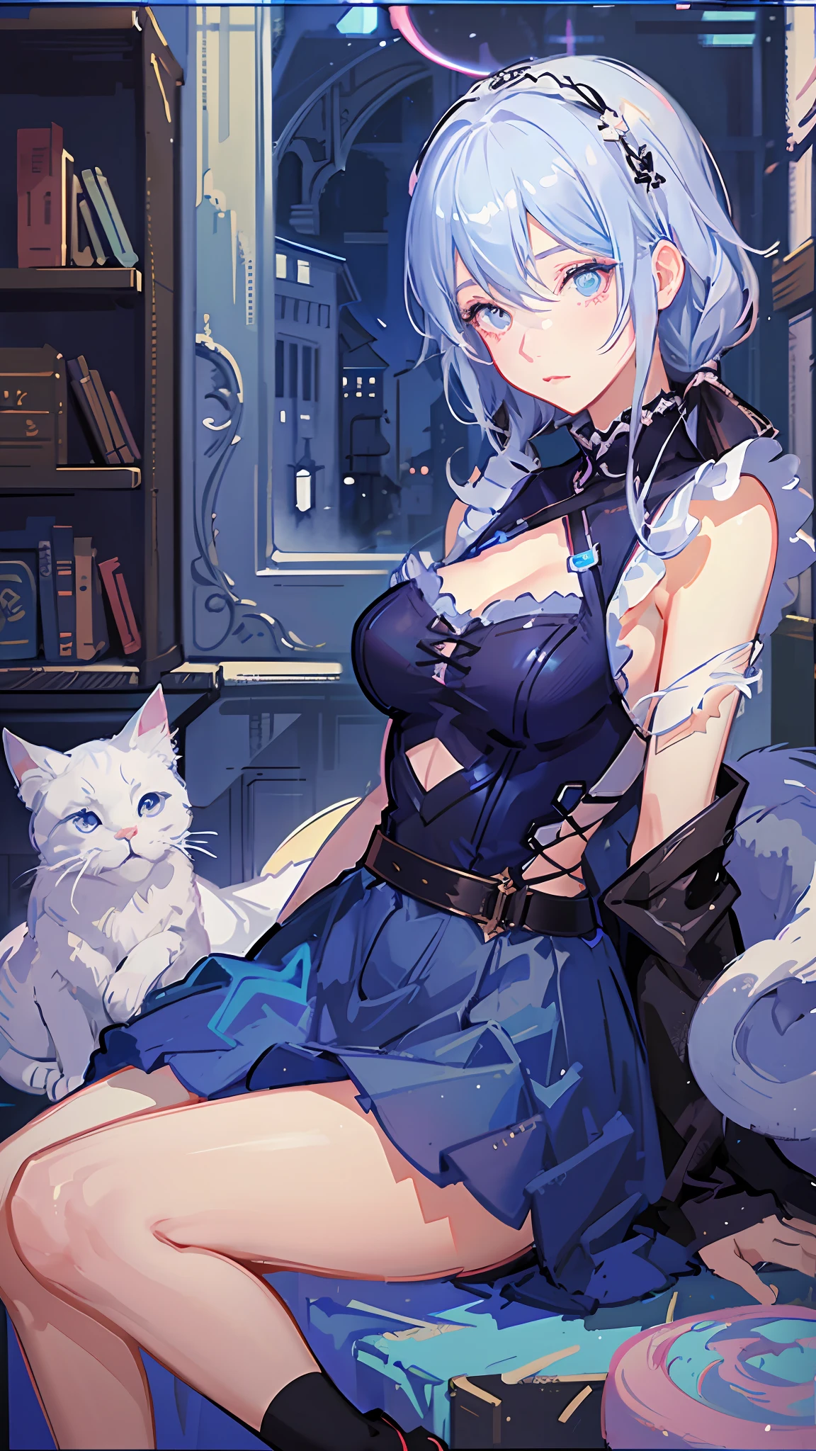 anime girl with white hair and blue dress laying on a white cat, detailed digital anime art, guweiz, trending on artstation pixiv, soft anime illustration, artwork in the style of guweiz, digital art on pixiv, cute detailed digital art, guweiz on pixiv artstation, guweiz on artstation pixiv