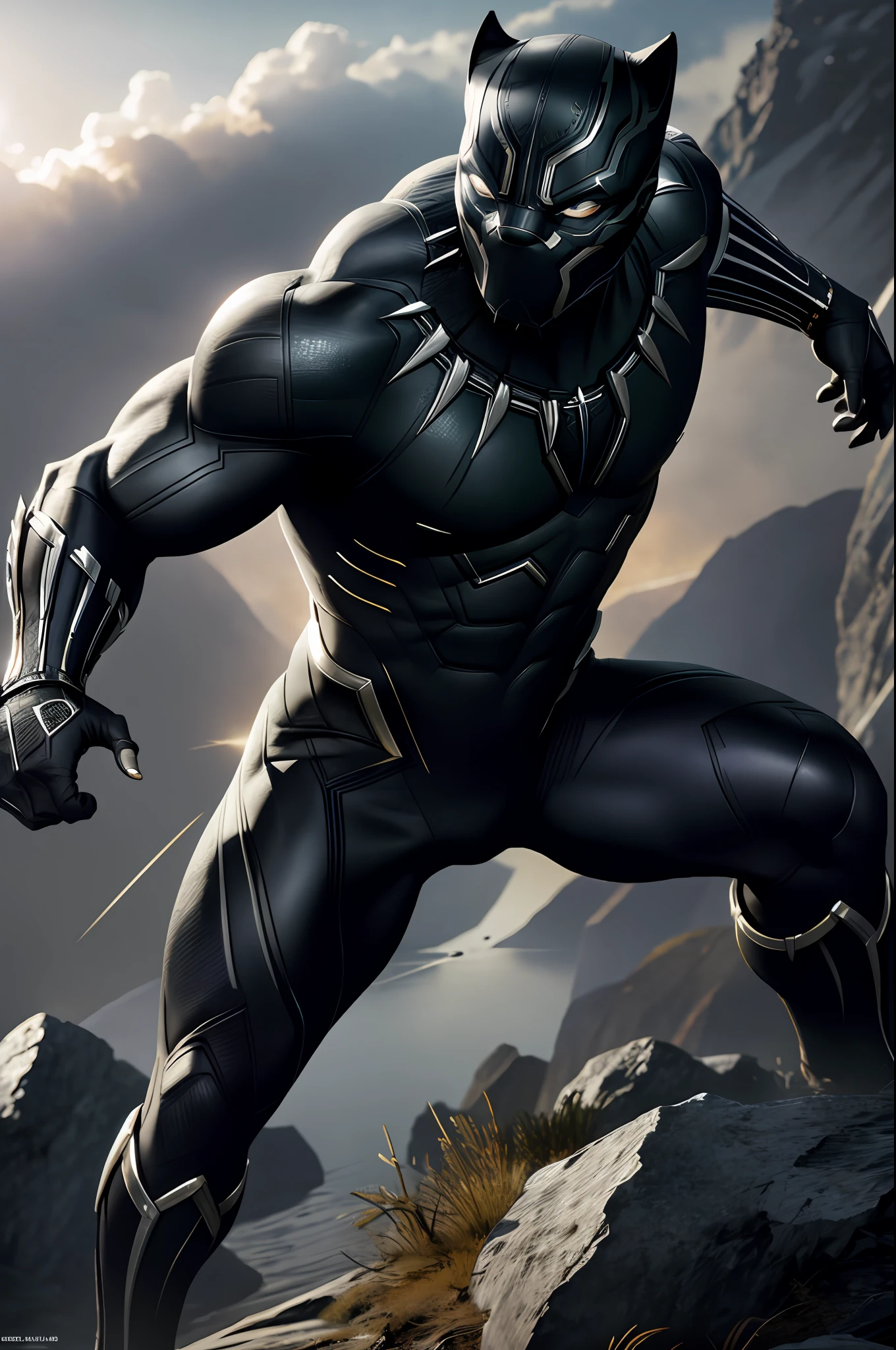 (8k, RAW photo, best quality, masterpiece:1.2), ultra detailed, official art, photo-realistic:1.37, upper body shot, marvel Black Panther, film grain, action pose