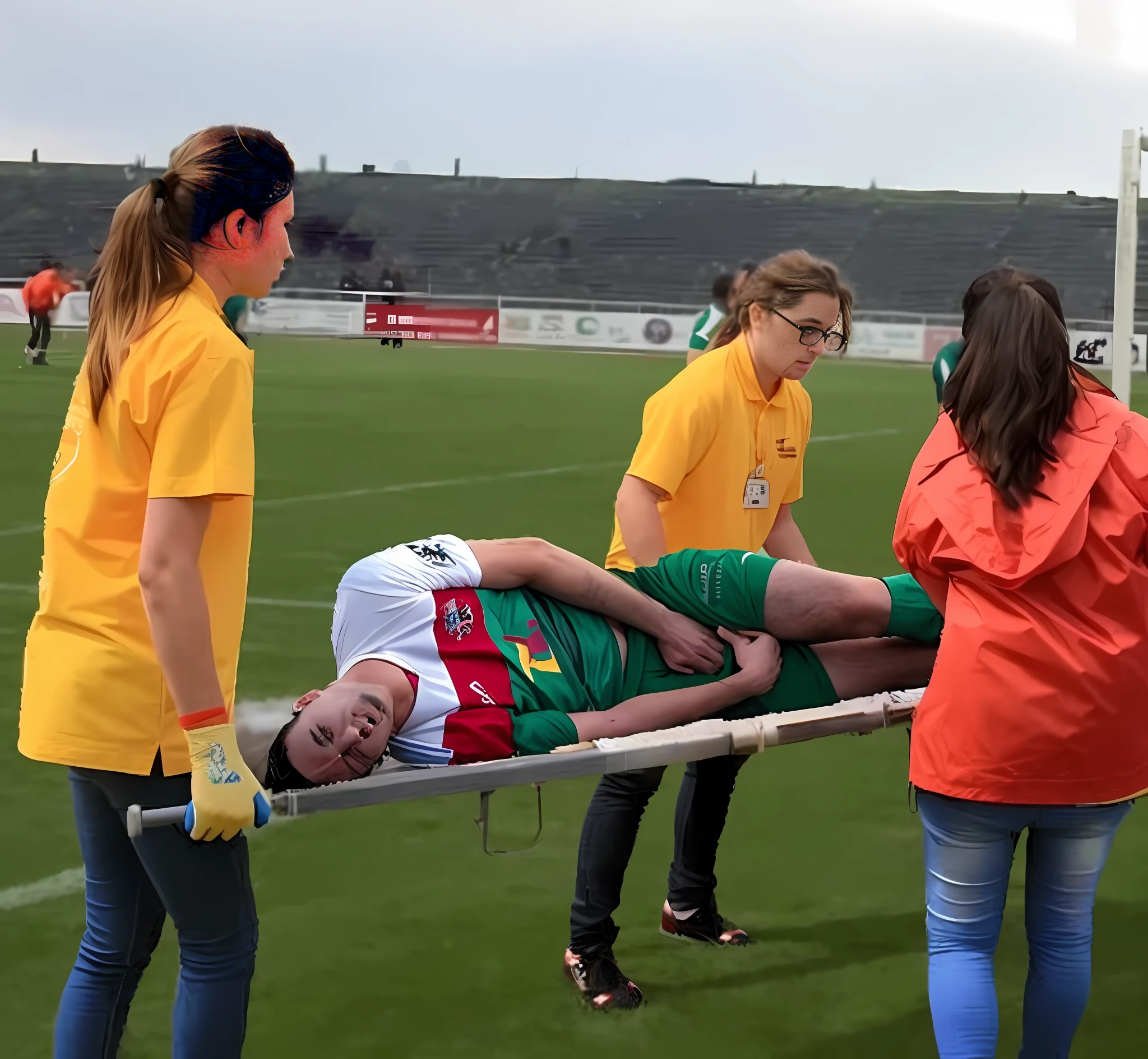several people are standing around a man on a stretcher, injured, looking partly to the left, inspired by Pál Szinyei Merse, on the field, album photo, 3156350975, absolutely outstanding image, exclusive, exploitable image, real photo, 3274589695
