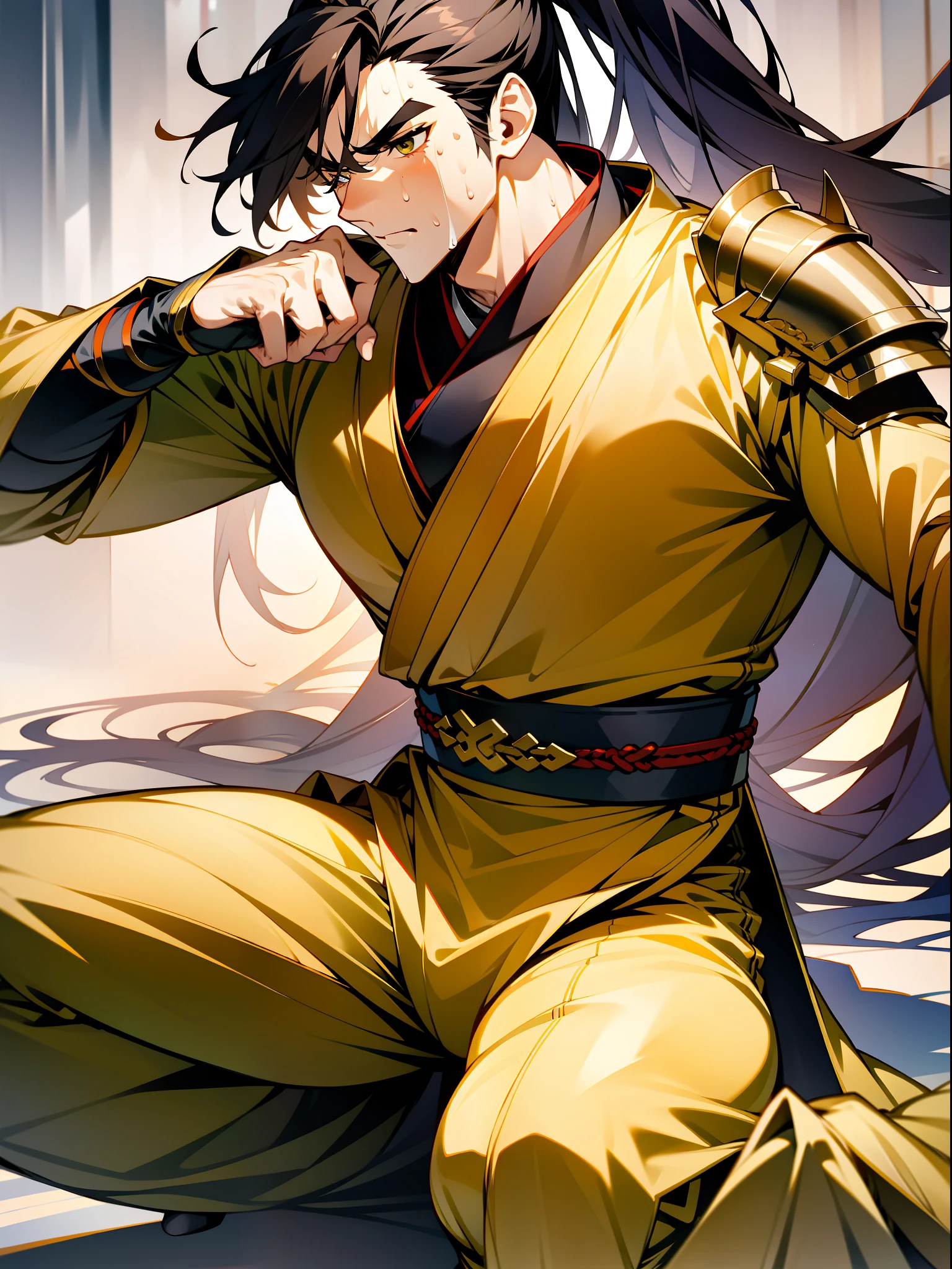 Men with the highest quality, detailed costumes, high ponytail and long hair, golden dragon robes wearing arm guards, armor, leg guards, leggings, ancient boots, showing sweat and muscles in the chest, abdomen, crotch and these parts, squatting, forked legs squat, half squatting, supporting the sword, perfect leg contour, close-up thighs and calves.