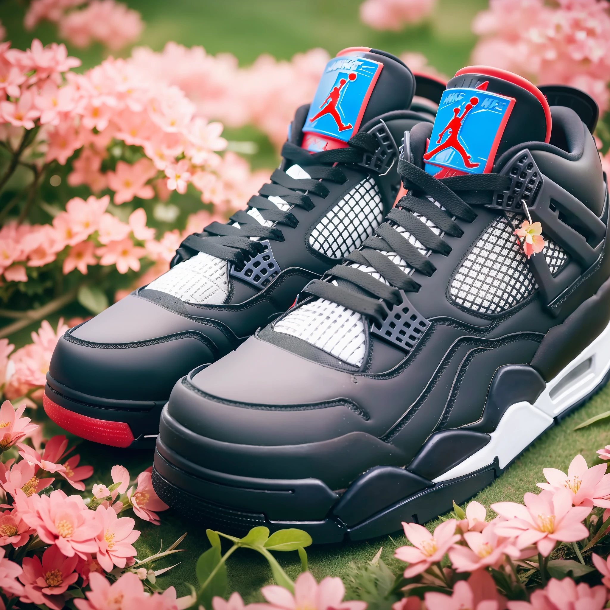 (Nike Air Jordan 4 basketball shoes), (Air Jordan 4 Retro Lightning), flowers, realistic style, air, backlight, flowers, petals, outdoor, product shooting, tyndall effect, lens flare, shadow, bloom, backlight, depth of field, natural lighting, (best quality), HD, 32k, detail features