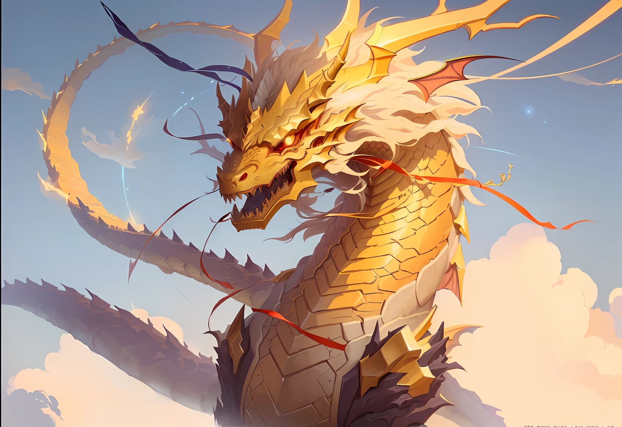there is a dragon that is flying through the air, chinese dragon concept art, dragon art, colossal dragon as background, legendary dragon, loong, golden dragon, cyborg dragon portrait, dragon mawshot art, portrait of a dragon, dragon portrait, keqing from genshin impact, dragon with scars, d&d commision art dragon, smooth chinese dragon