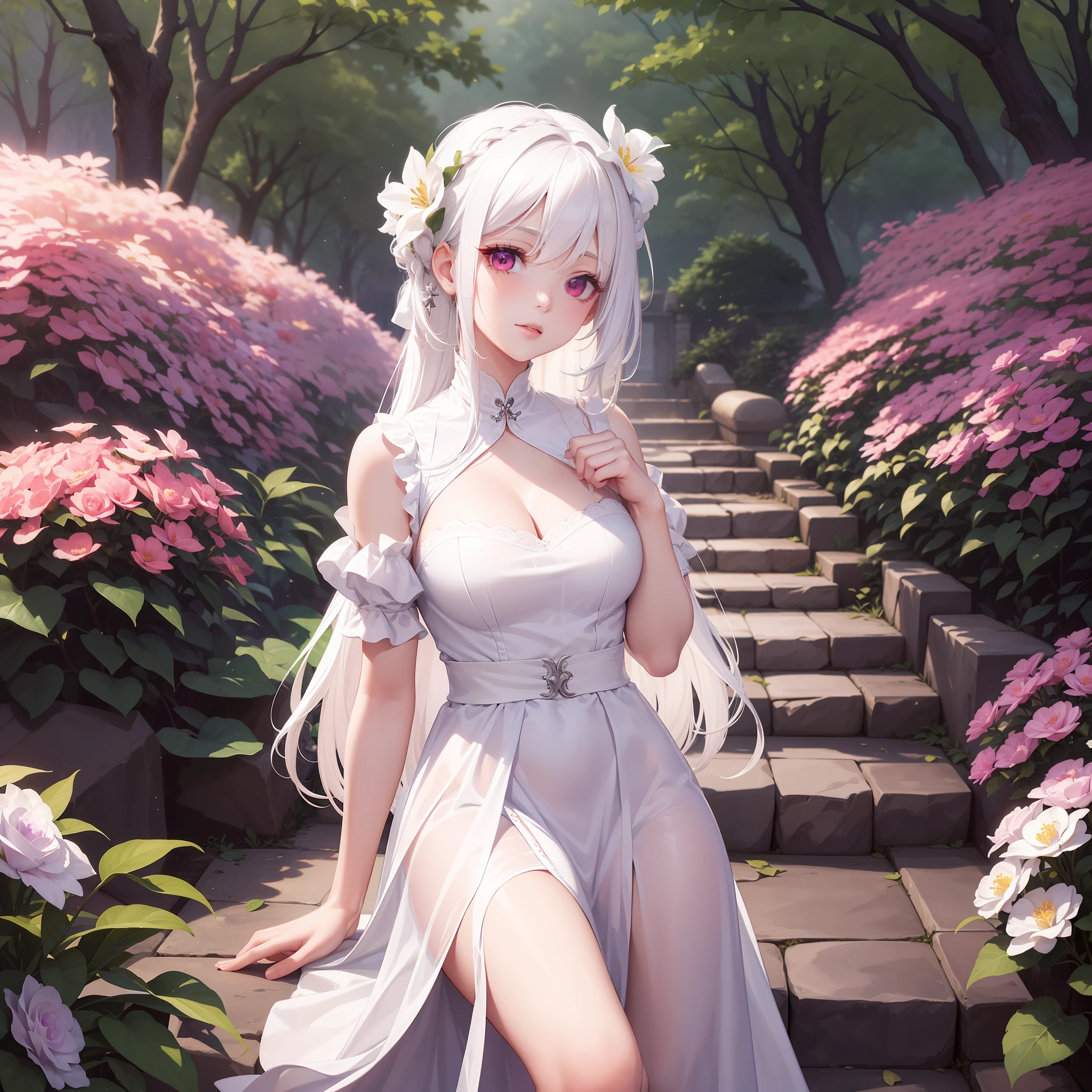 best quality,8k,masterpiece,1girl,white hair,red eyes,white skin,long violet color dress,in a garden holding a flower