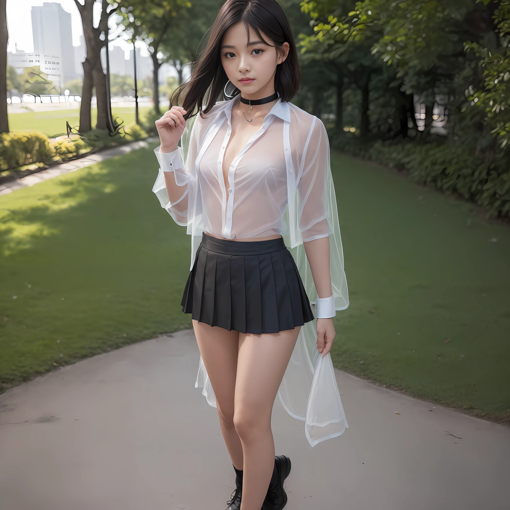 18 years old female, long hair, RAW photo, bokeh (realism: 1.4, realistic), high detail CG unified 8K wallpaper, 1girl, ((slim body: 1)), (small breasts: 1), back to viewer, ((direct view from the front)), (HQ skin: 1.4), 8k uhd, dslr, soft light, high quality, film grain, Fujifilm XT3, ((school uniform, short skirt,choker,see through open shirt:1.5)), ((outdoor, at park))) jangjoo, portrait,((Layered short Haircut, black hire,small breast:1.2)),(looking at viewer:1.4),(full body:1.8)