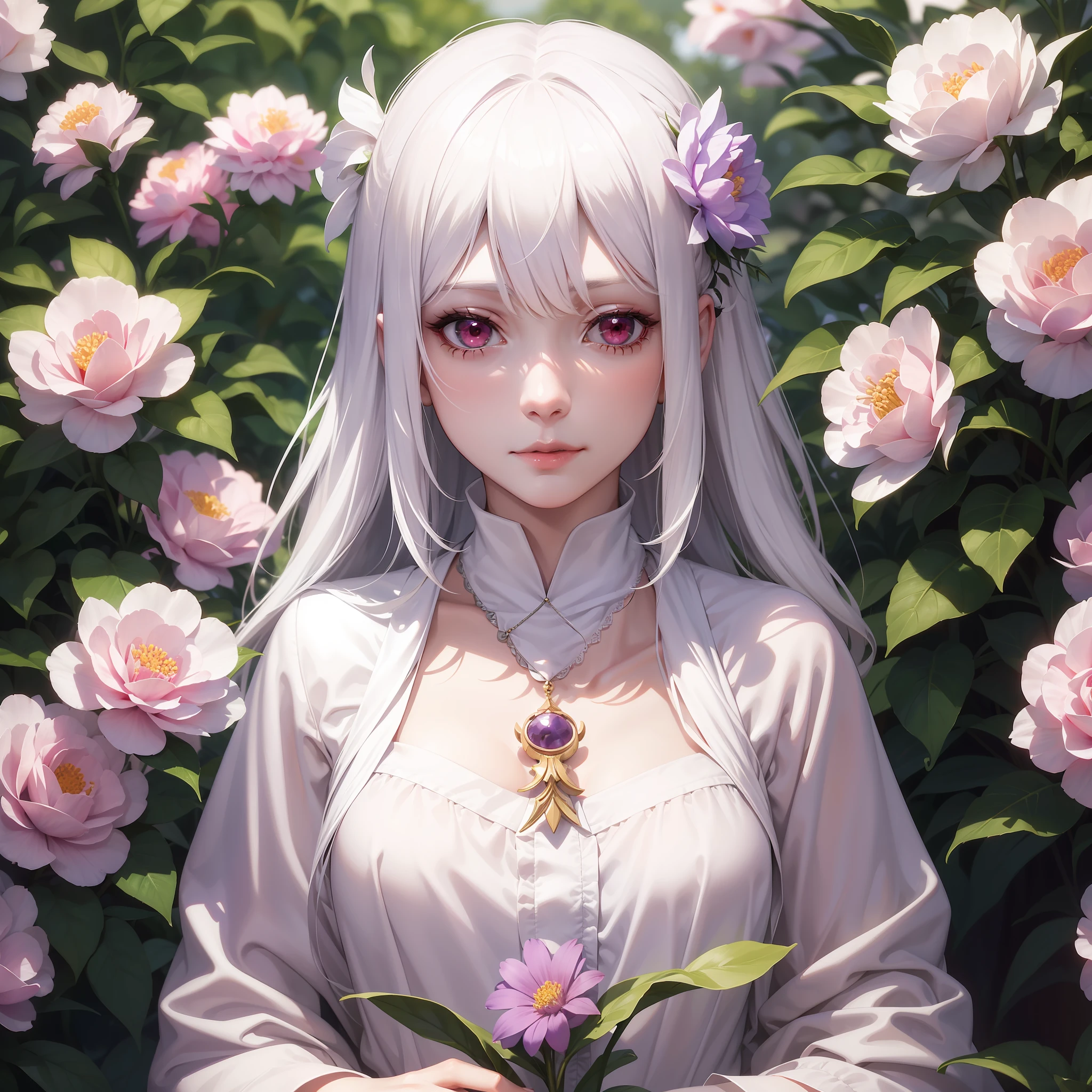Realistic,1girl,white hair,red eyes,white skin,long violet color dress,in a garden holding a flower