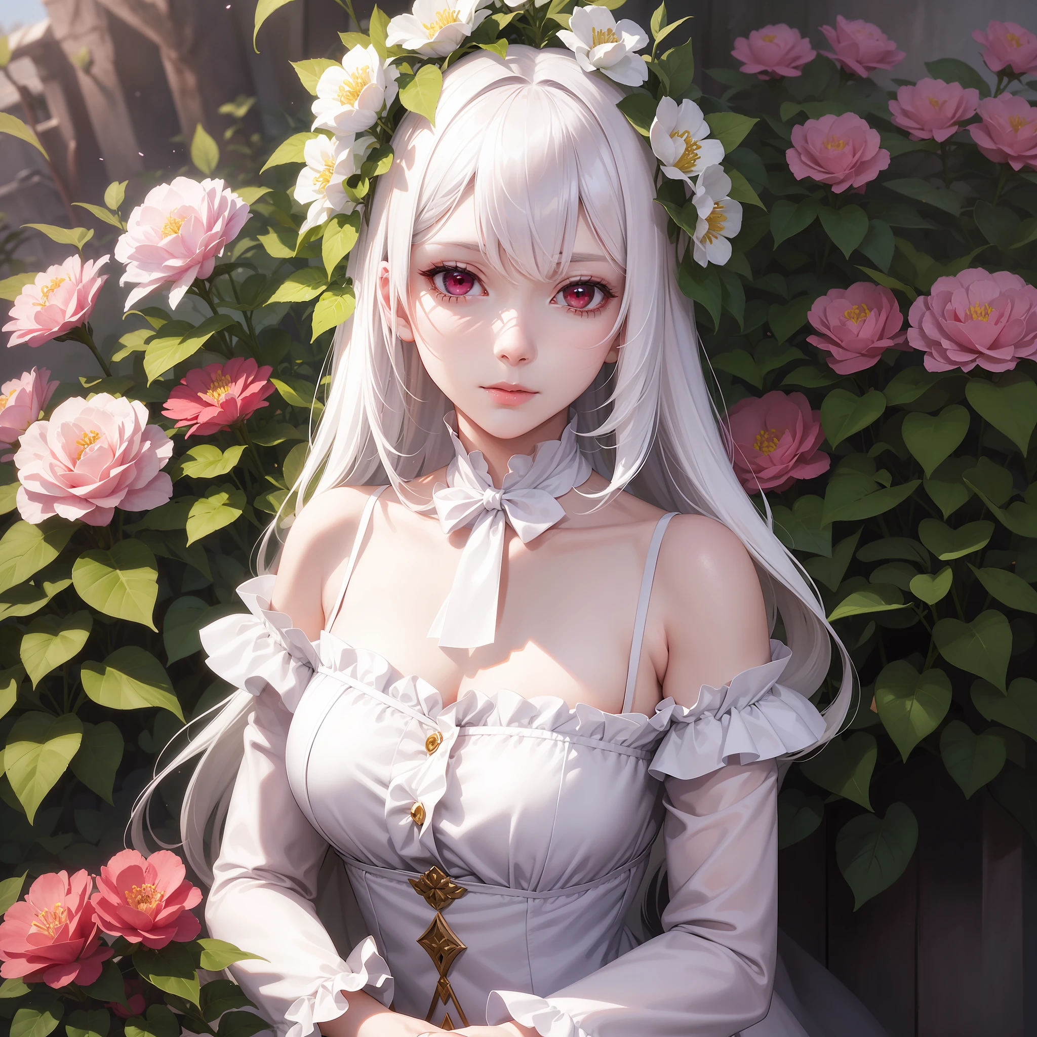 Realistic,1girl,white hair,red eyes,white skin,long violet color dress,in a garden holding a flower