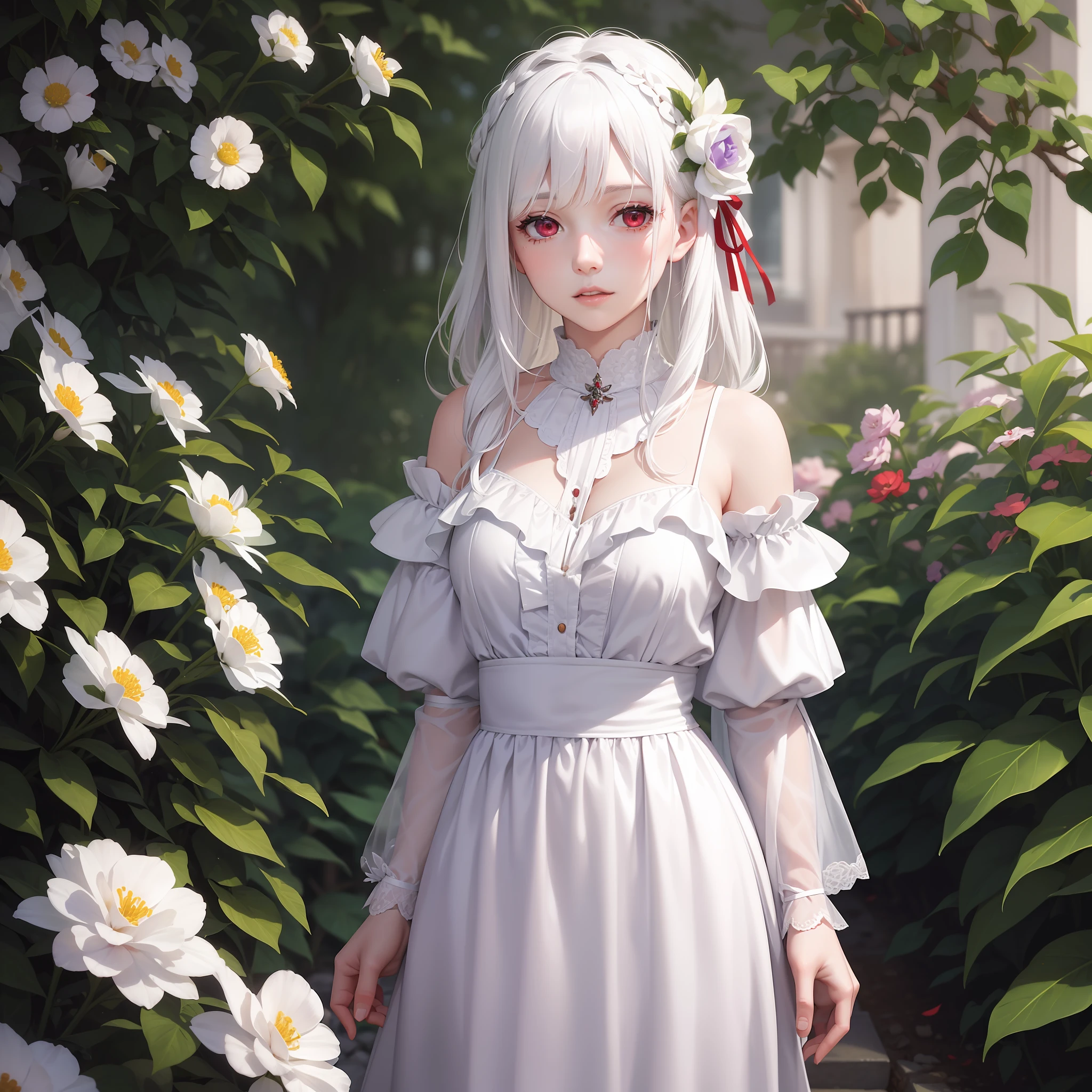Realistic,1girl,white hair,red eyes,white skin,long violet color dress,in a garden holding a flower