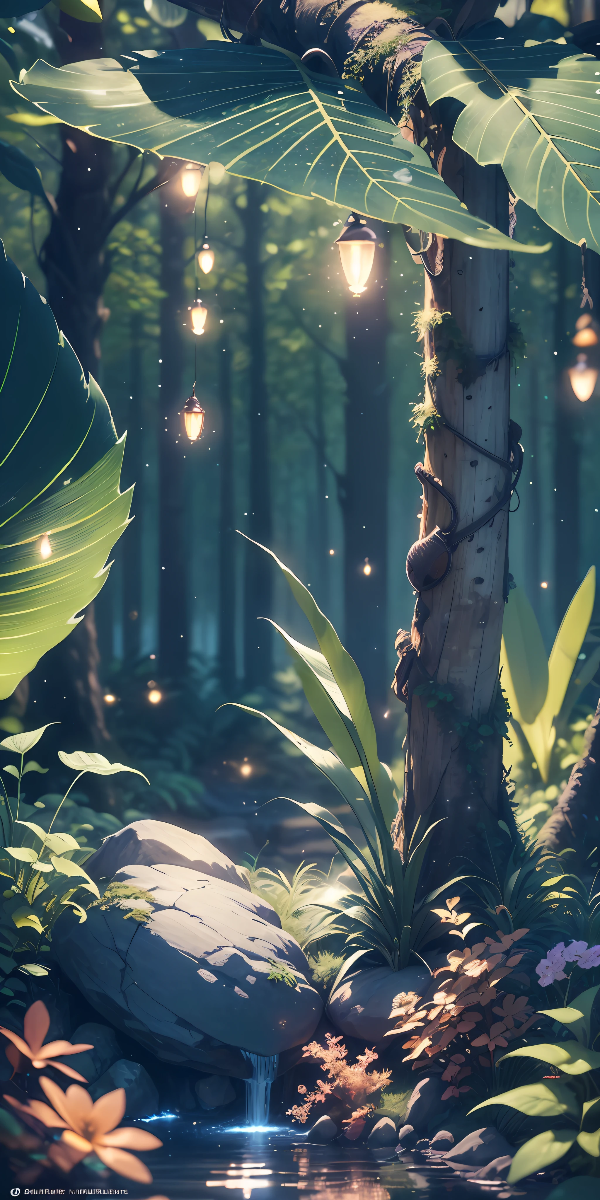 Masterpiece, best quality, (very detailed CG unity 8k wallpaper), (best quality), (best illustration), (best shadows), glow sprite, with a glowing deer, in the swimming pool Drinking water, natural elements in the forest theme. Mysterious forest, beautiful forest, nature, surrounded by flowers, delicate leaves and branches surrounded by fireflies (natural elements), (jungle theme), (leaves), (twigs), (fireflies), (particle effects) etc. 3D , Octane rendering, ray tracing, super detailed --v6