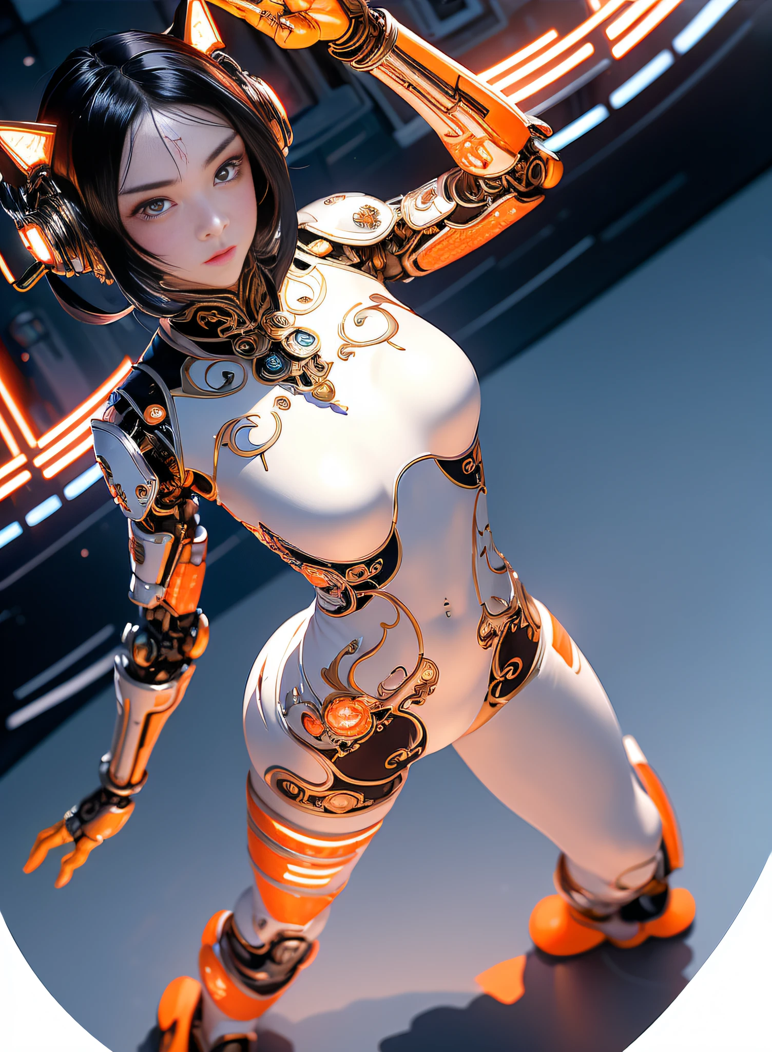 1girl, long hair, black hair, blue eyes, smirk smile, cyberhanfu, laying in bed, mechanical parts, cat ear, wolf ear, porcelain skin, tan skin, orange clad, orange armor, orange body suit, white gloves, white headset, wolf tail, open thigh, open navel, revealing breast, huge breast, (masterpiece:1.5), (intricate detail:1.5), (cinematic:1.5), inside a machinery contraption, glass vials, messy room, cables, wires, machinery walls, giant magnet, standing in laboratory, back view, (extreme wide view:1.5)