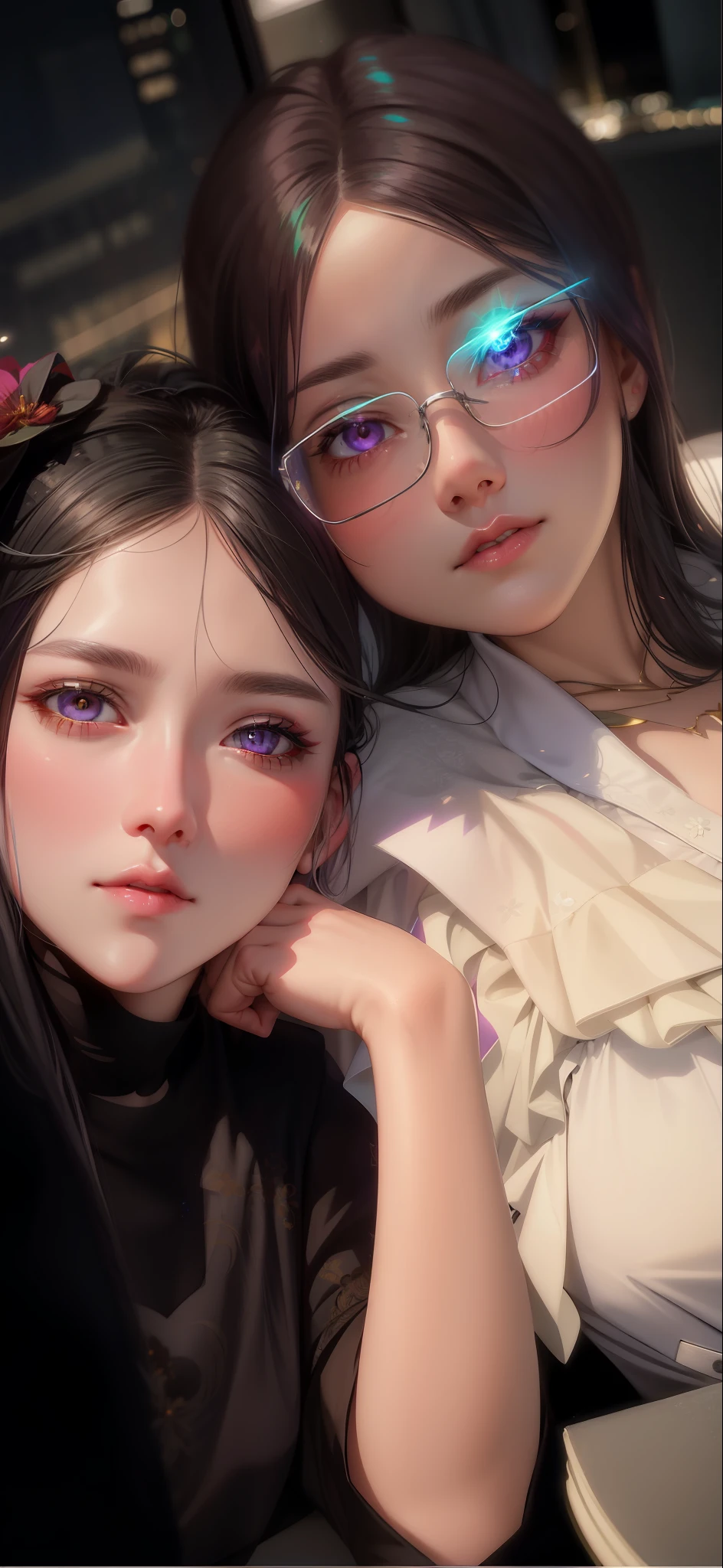 Realistic 2girl, white hair, purple eyes, glowing eyes, cut top, skirt, parted lips, blush, night, flowers, sun, sunlight,