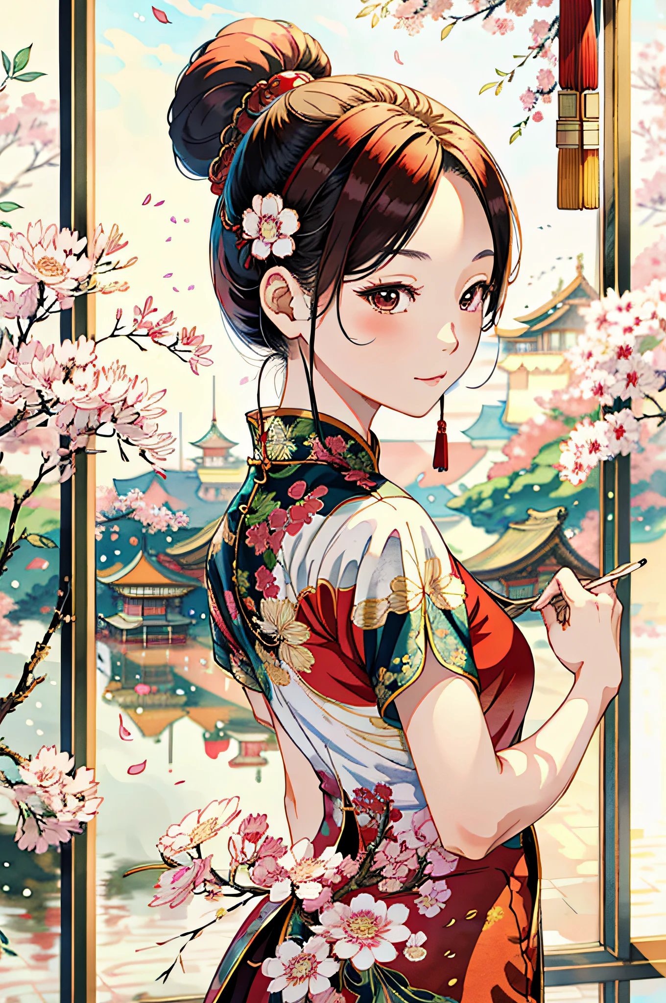"Beautiful anime style, a Chinese girl wearing a red cheongsam in the style of Guwiz, behind her is a delicate Chinese watercolor painting style, the picture of the palace is reflected outside the window, the whole picture is very detailed, more like a heirloom Chinese style Guwiz artwork, 4K resolution."