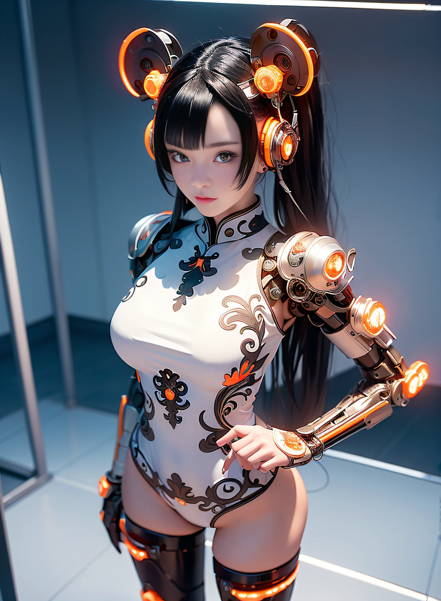 1girl, long hair, black hair, blue eyes, smirk smile, cyberhanfu, laying in bed, mechanical parts, cat ear, wolf ear, porcelain skin, tan skin, orange clad, orange armor, orange body suit, white gloves, white headset, wolf tail, open thigh, open navel, revealing breast, huge breast, (masterpiece:1.5), (intricate detail:1.5), (cinematic:1.5), inside a machinery contraption, glass vials, messy room, cables, wires, machinery walls, giant magnet, standing in laboratory, back view, (extreme wide view:1.5)