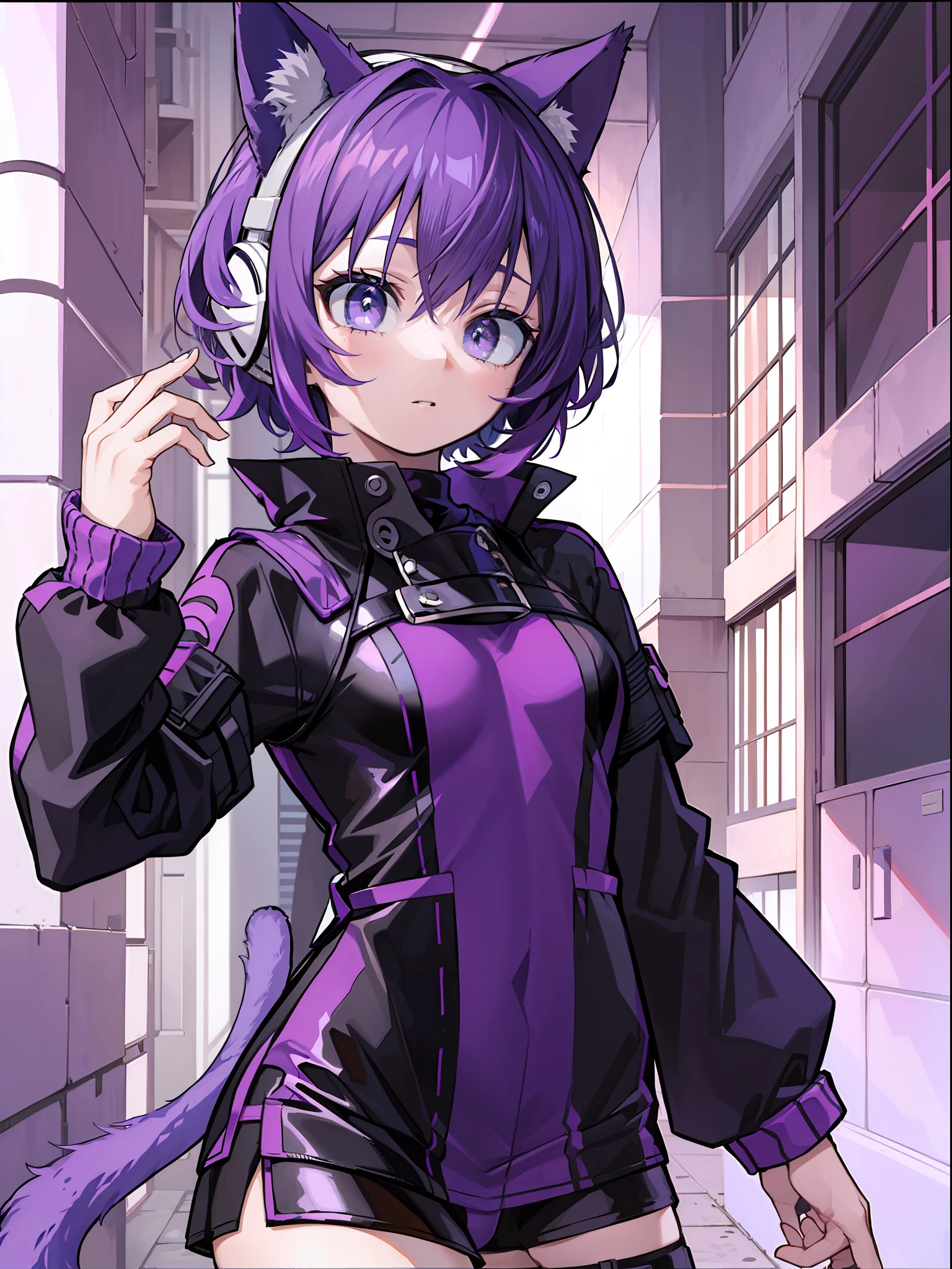 A , Short Hair, Purple Hair, Small Purple Cat Ears, A Purple Cat Tail, Assassin Clothing, Amine Style