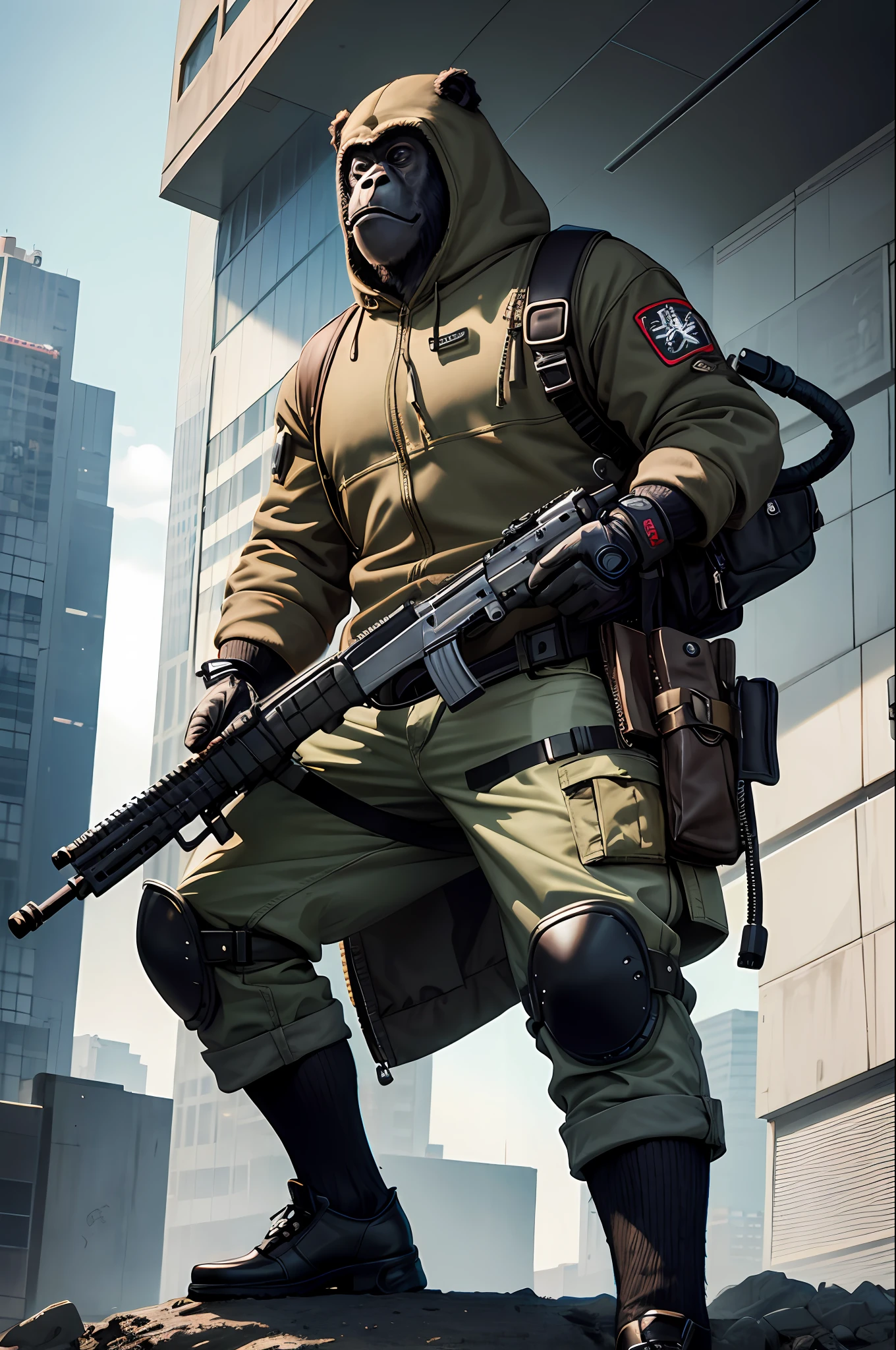 masterpiece, best quality, realistic , fashion monkey, gorilla, blur, book, cable, cyberpunk, gloves, infrared sleeve with automatic rifle in hand, hood, solo,